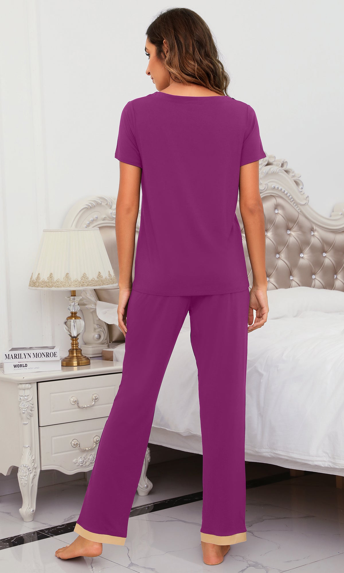 WiWi Bamboo Pajamas Set Soft Sleepwear Short Sleeve Top with Pant