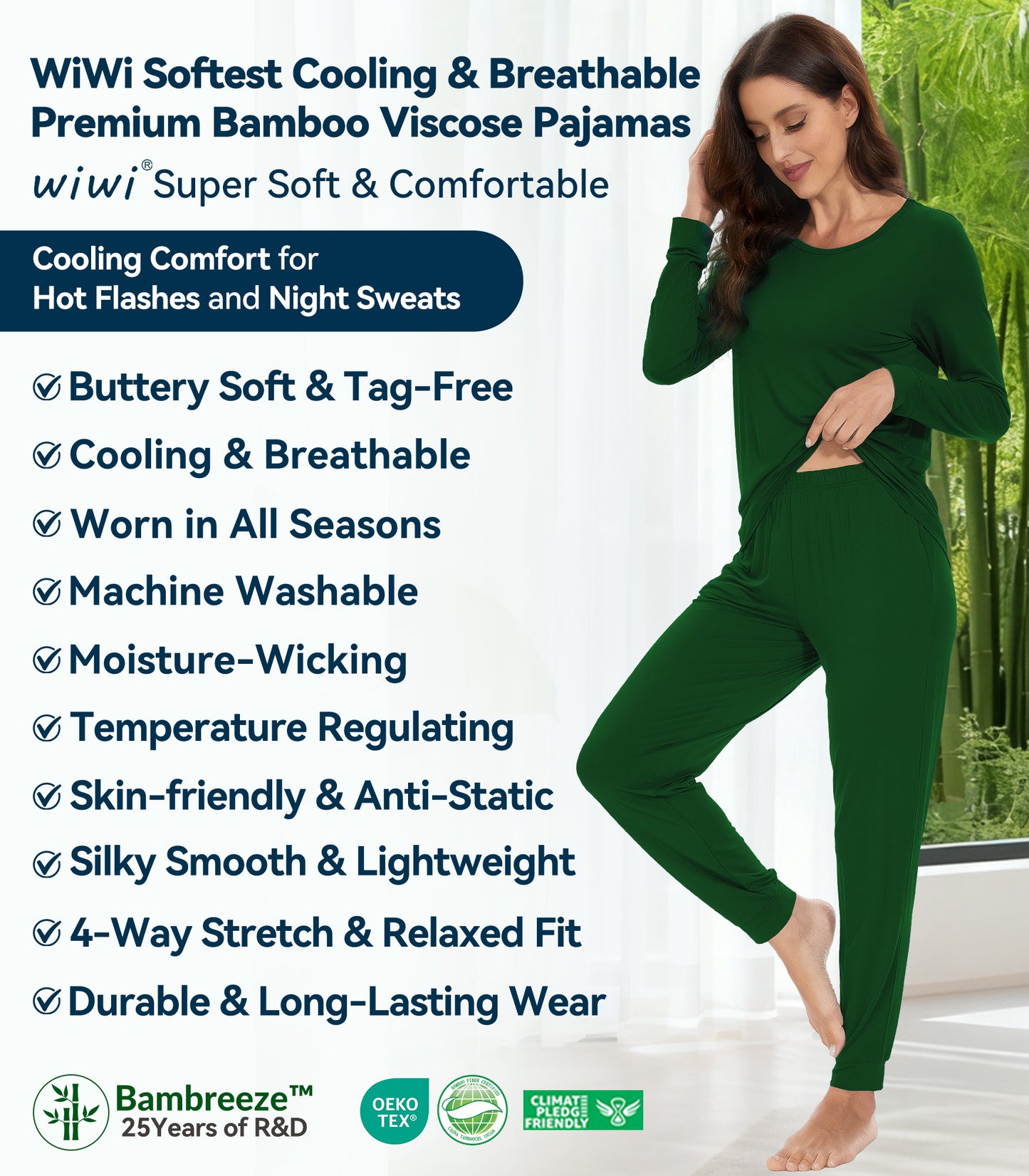 WiWi Women's Bamboo Pajama Sets Long Sleeves Top with Pants Loungewear Set