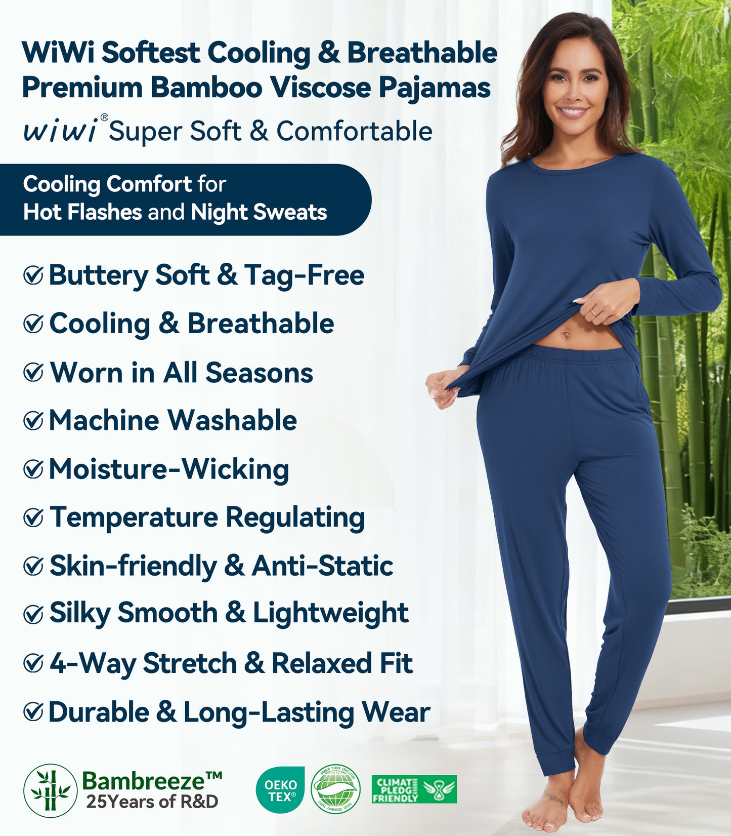WiWi Women's Bamboo Pajama Sets Long Sleeves Top with Pants Loungewear Set