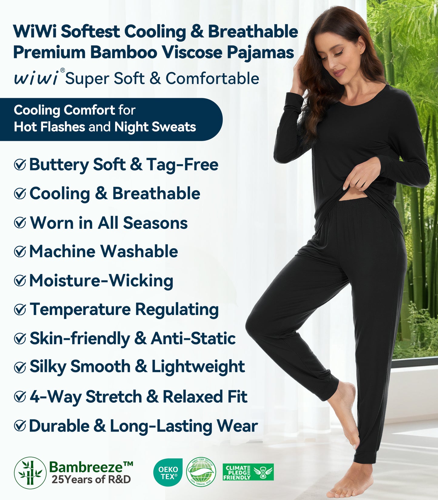 WiWi Women's Bamboo Pajama Sets Long Sleeves Top with Pants Loungewear Set