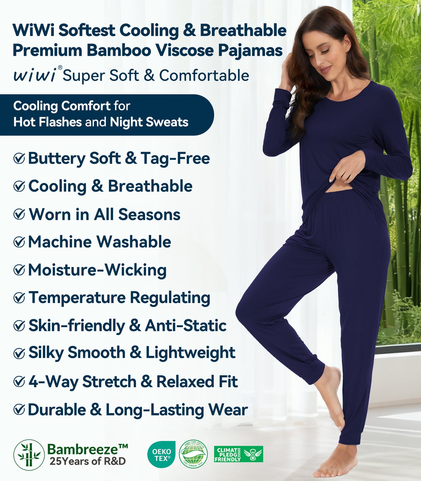 WiWi Women's Bamboo Pajama Sets Long Sleeves Top with Pants Loungewear Set