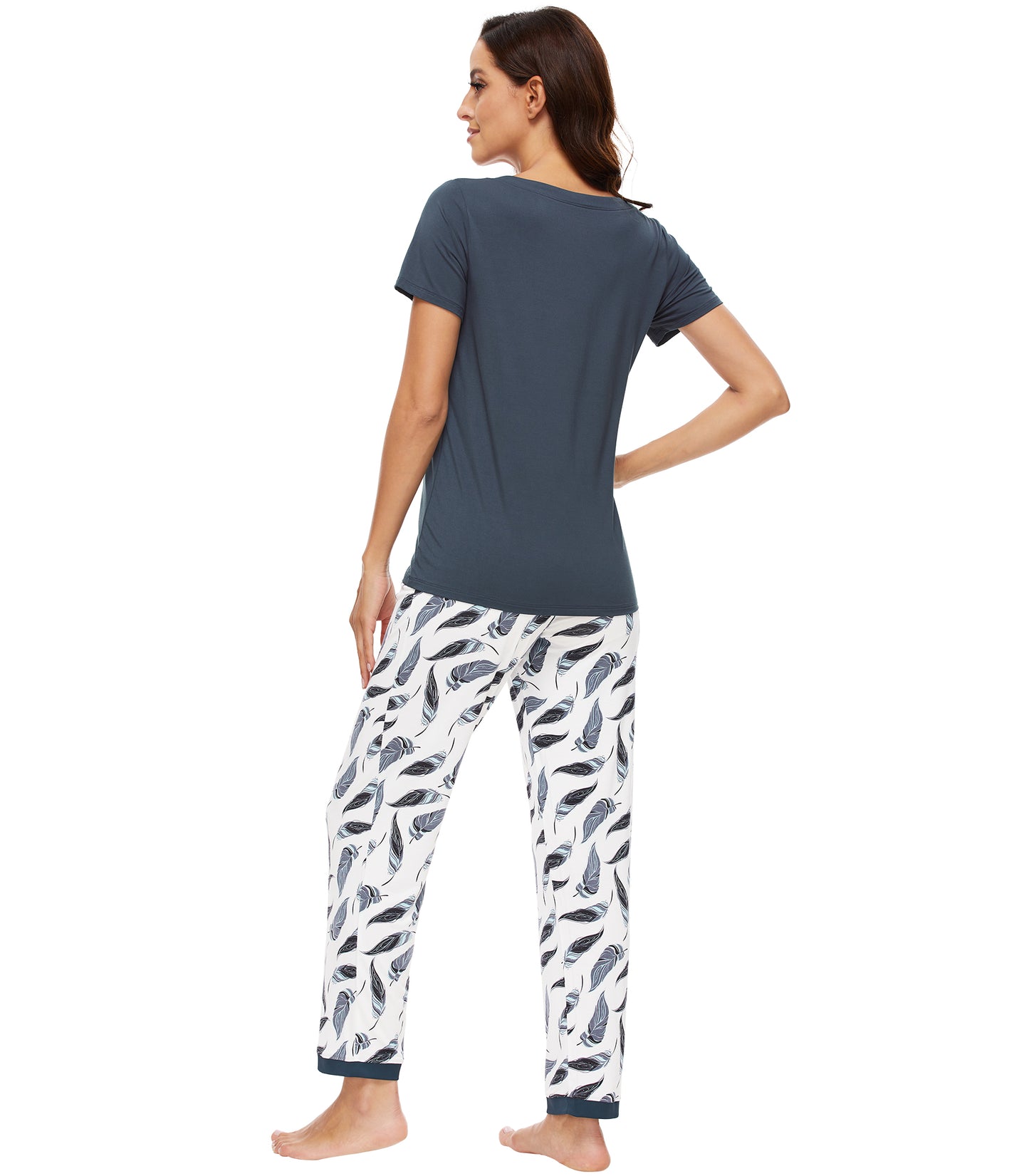 WiWi Bamboo Pajamas Set Soft Sleepwear Short Sleeve Top with Pant