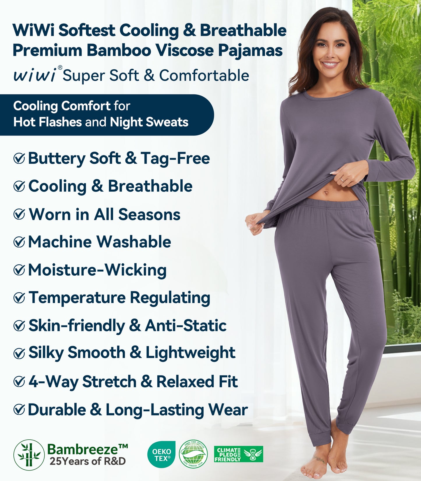 WiWi Women's Bamboo Pajama Sets Long Sleeves Top with Pants Loungewear Set