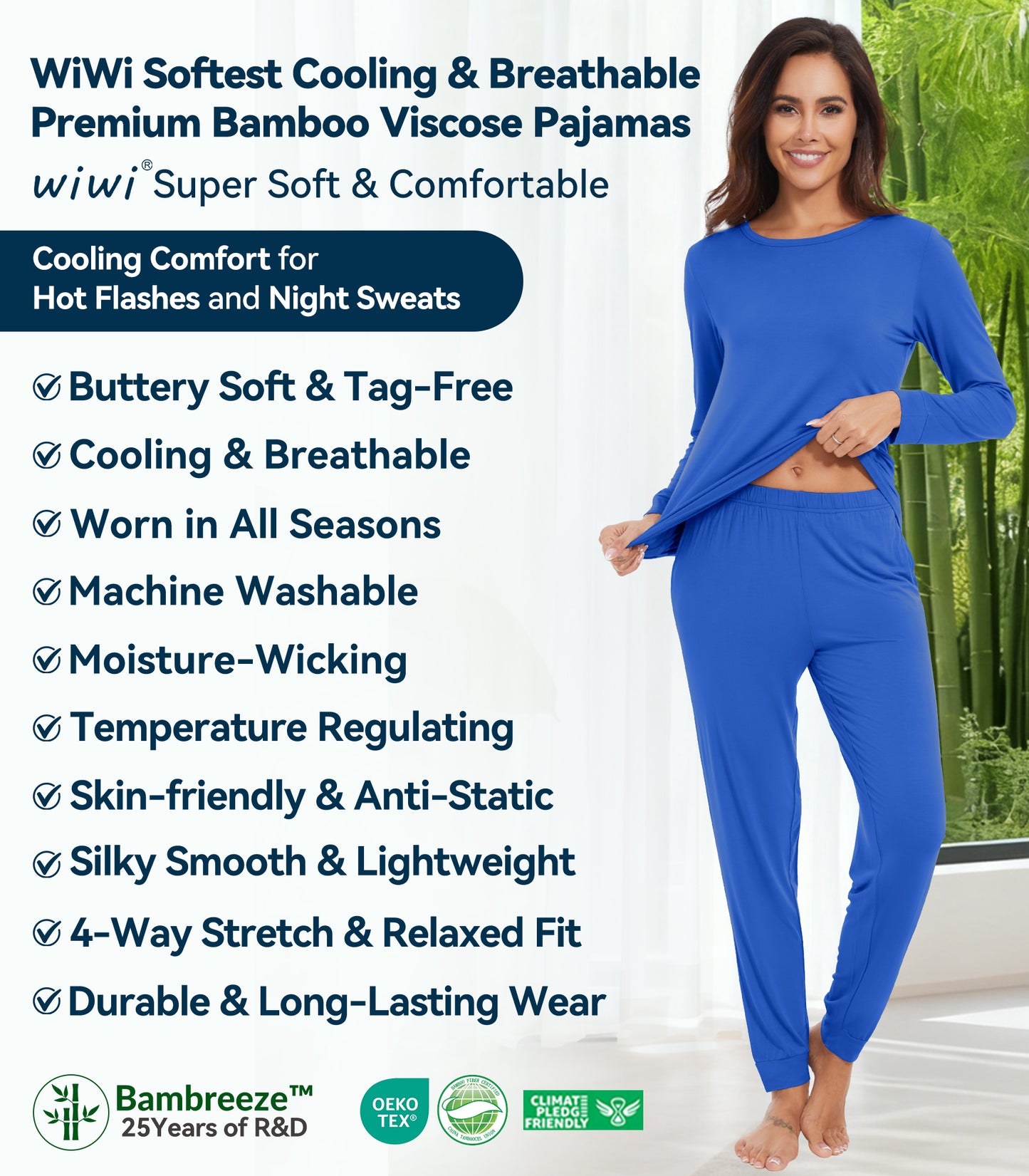 WiWi Women's Bamboo Pajama Sets Long Sleeves Top with Pants Loungewear Set