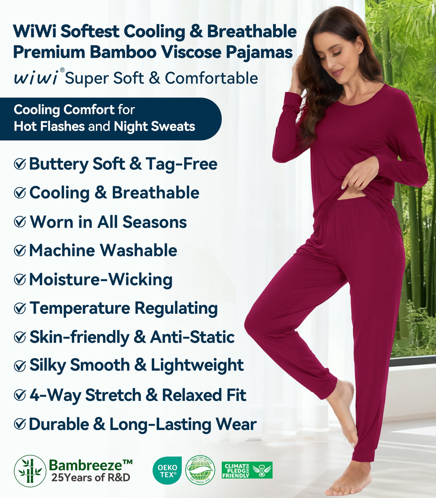 WiWi Women's Bamboo Pajama Sets Long Sleeves Top with Pants Loungewear Set