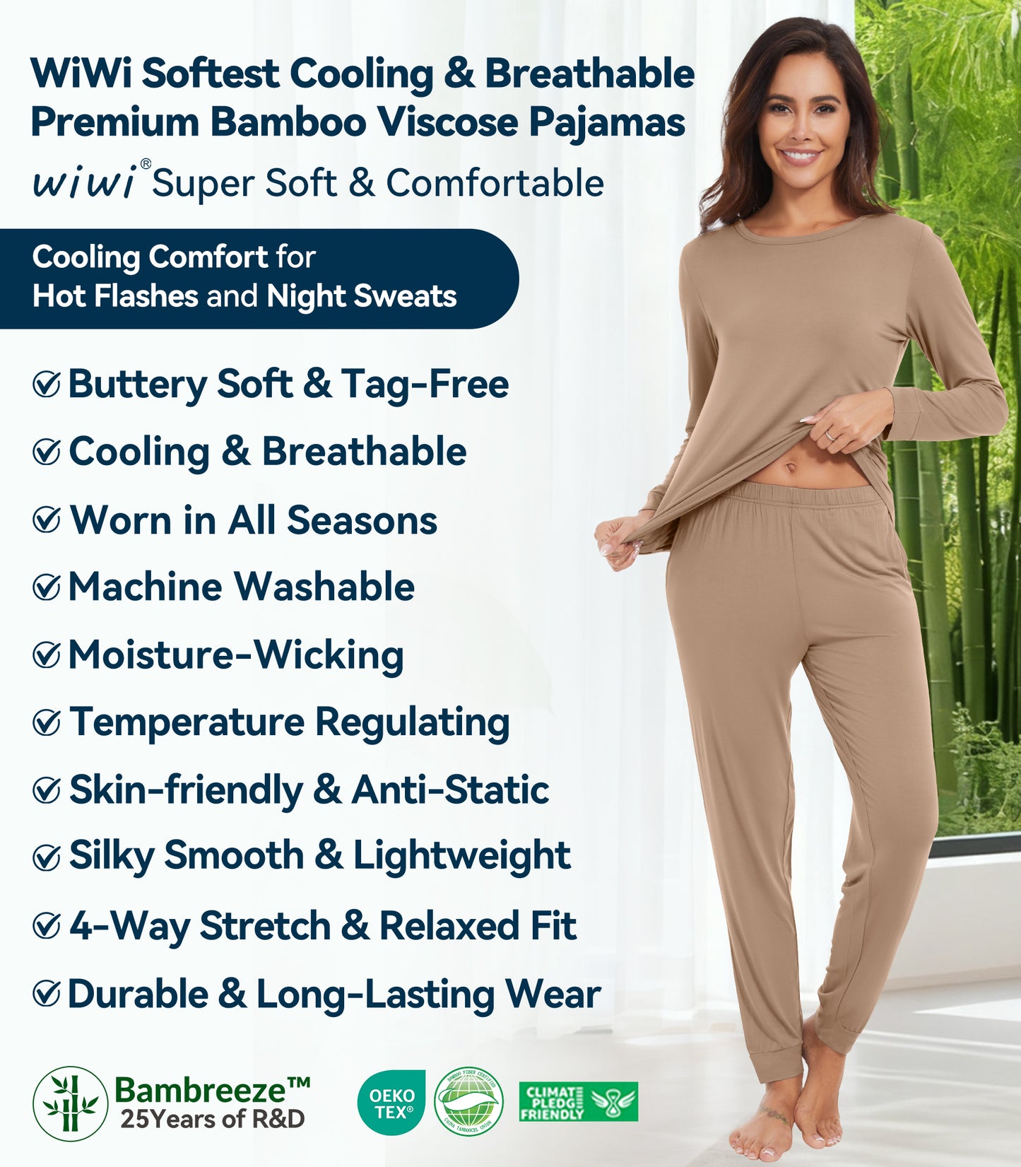 WiWi Women's Bamboo Pajama Sets Long Sleeves Top with Pants Loungewear Set