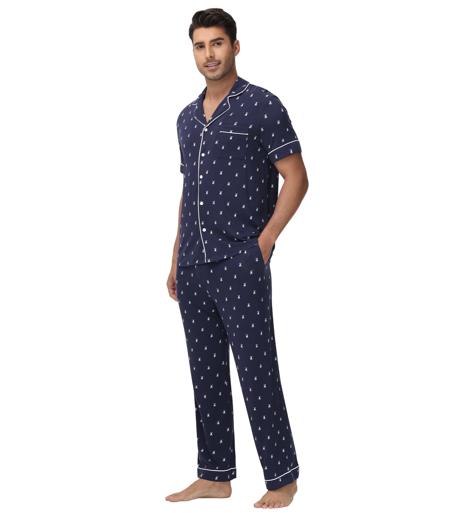 WiWi Men's Pajama Set Button Down Classic Notch Collar Loungewear