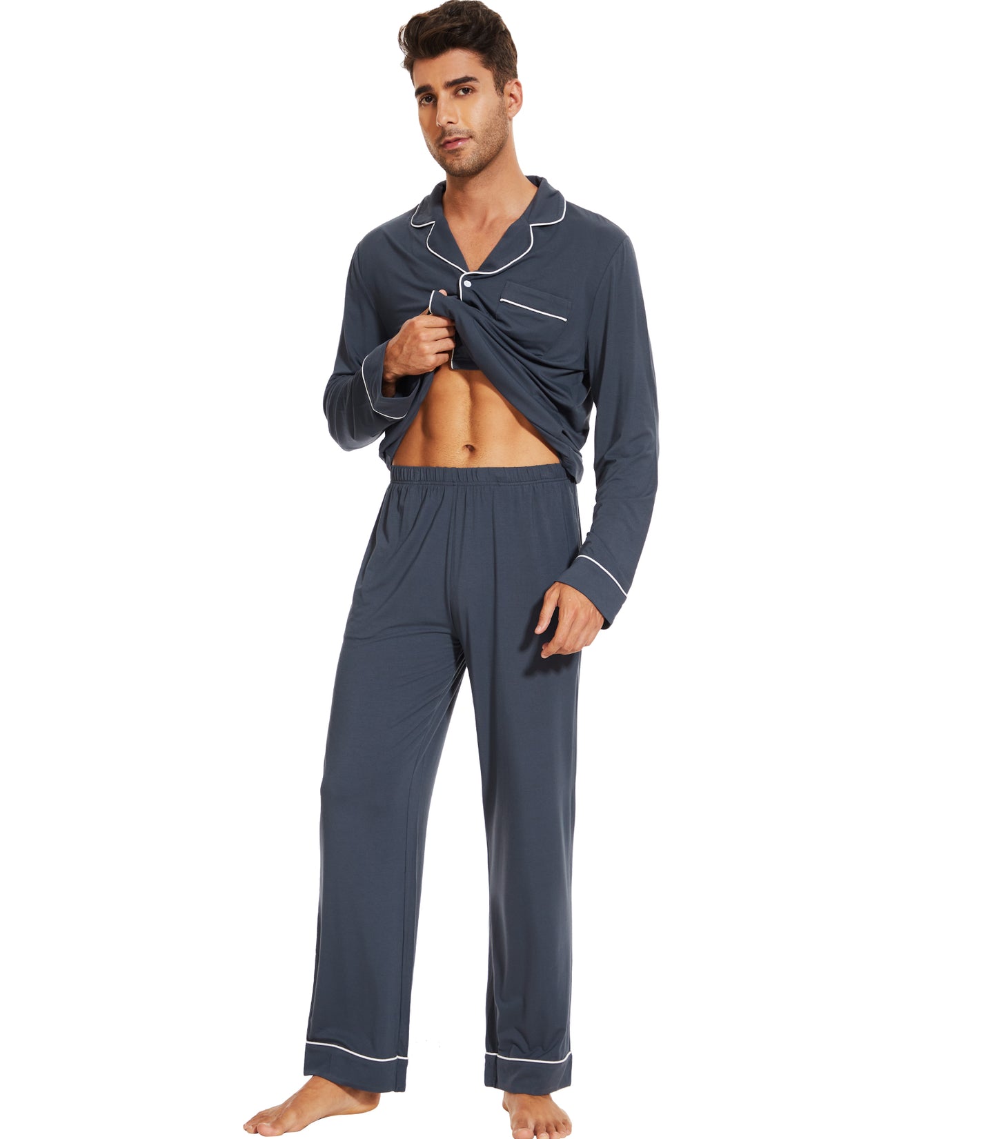 WiWi Bamboo Mens Pajamas Set Soft Button Down Cooling PJs with Pockets