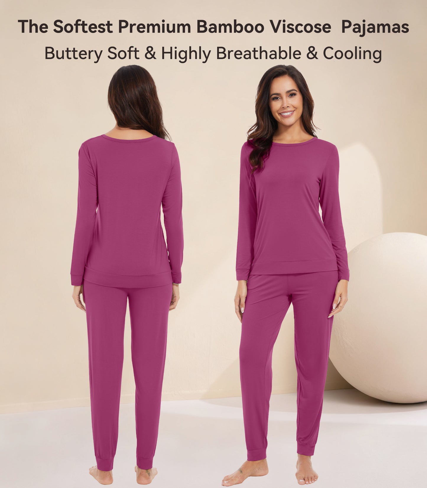 WiWi Women's Bamboo Pajama Sets Long Sleeves Top with Pants Loungewear Set