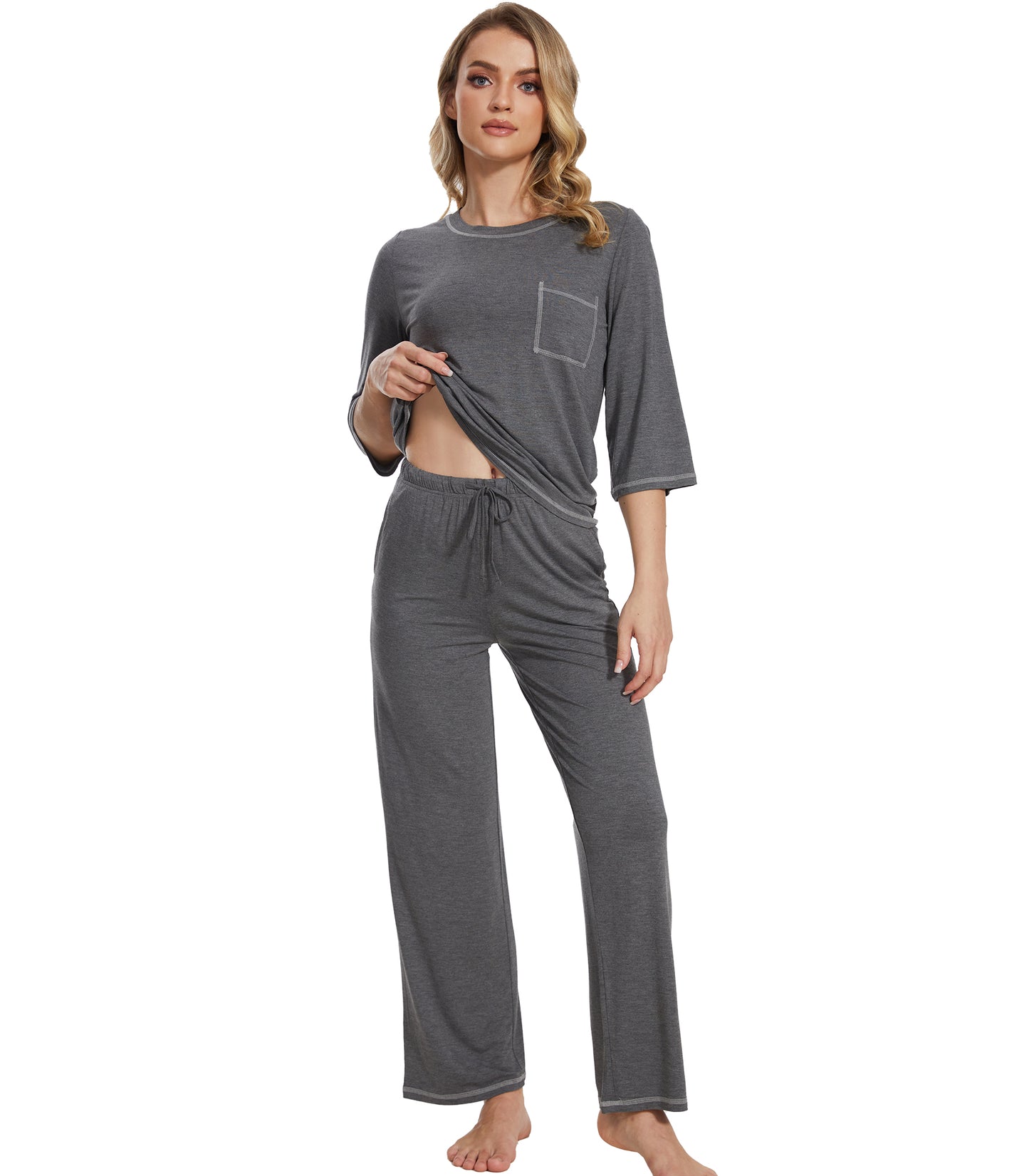 WiWi Women's Bamboo Pajama Sets Soft Loose Comfy Top with Pants