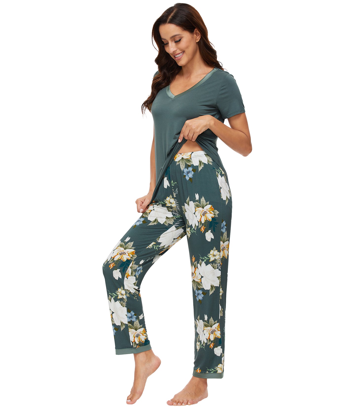 WiWi Bamboo Pajamas Set Soft Sleepwear Short Sleeve Top with Pant