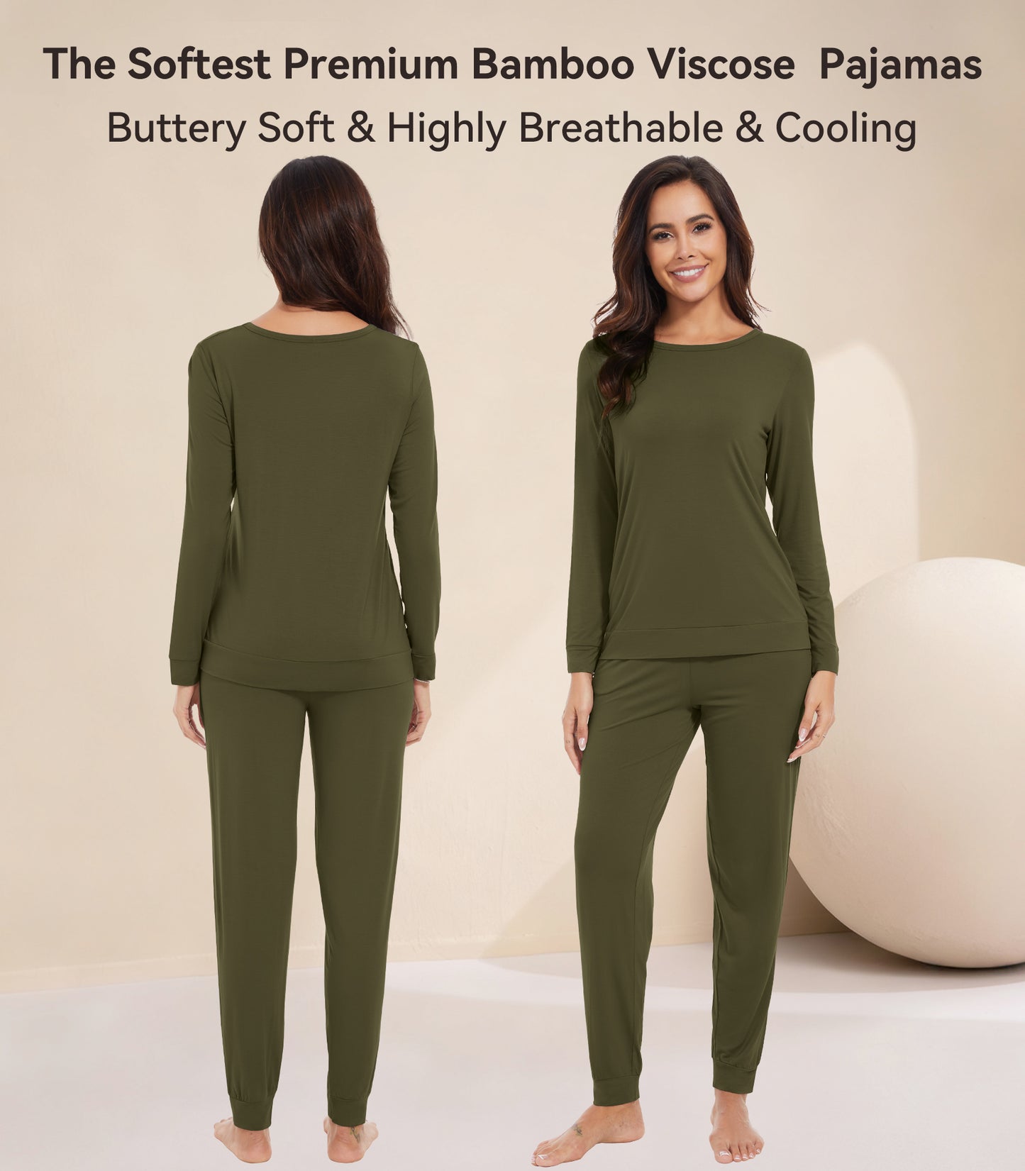 WiWi Women's Bamboo Pajama Sets Long Sleeves Top with Pants Loungewear Set