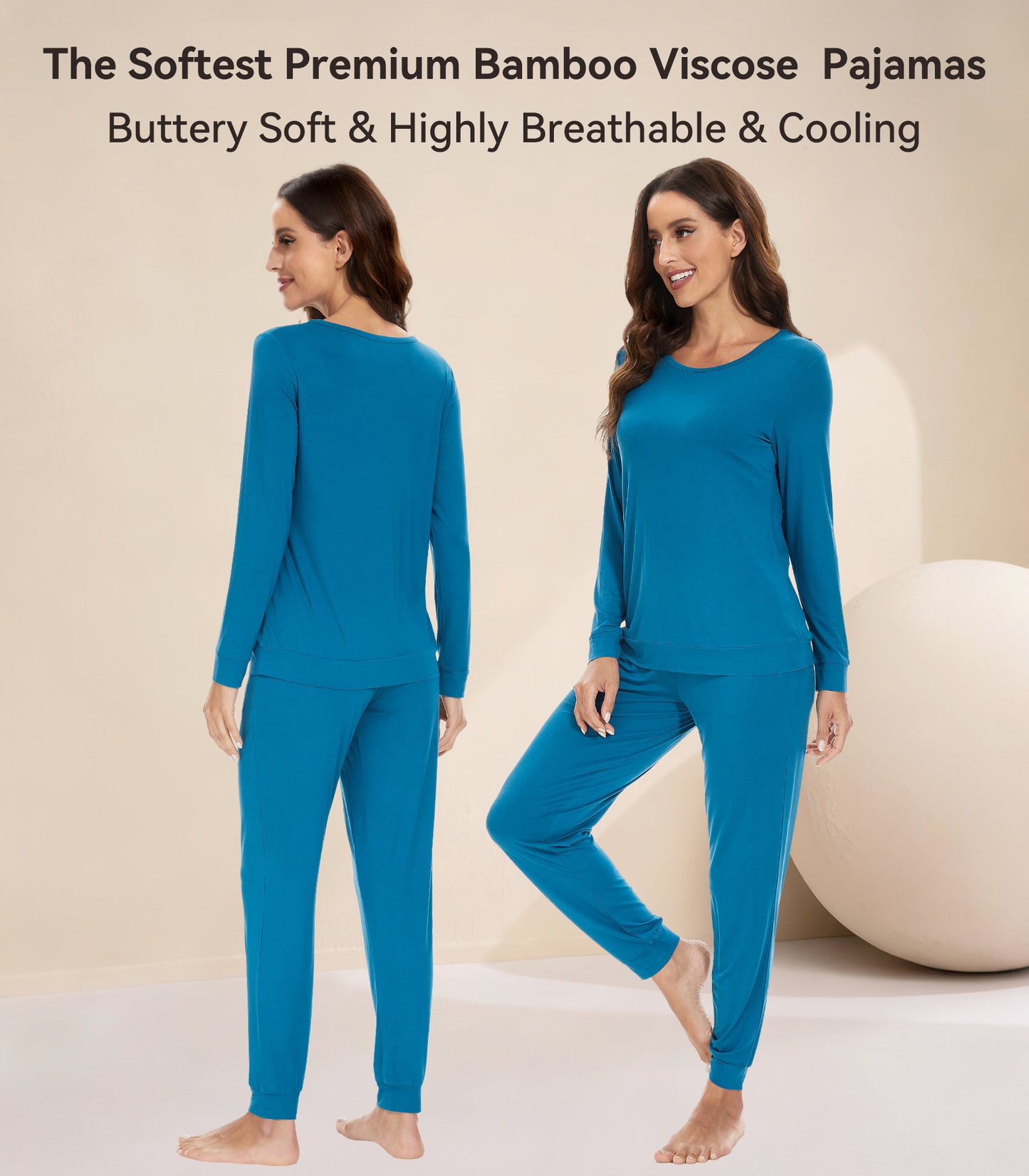 WiWi Women's Bamboo Pajama Sets Long Sleeves Top with Pants Loungewear Set