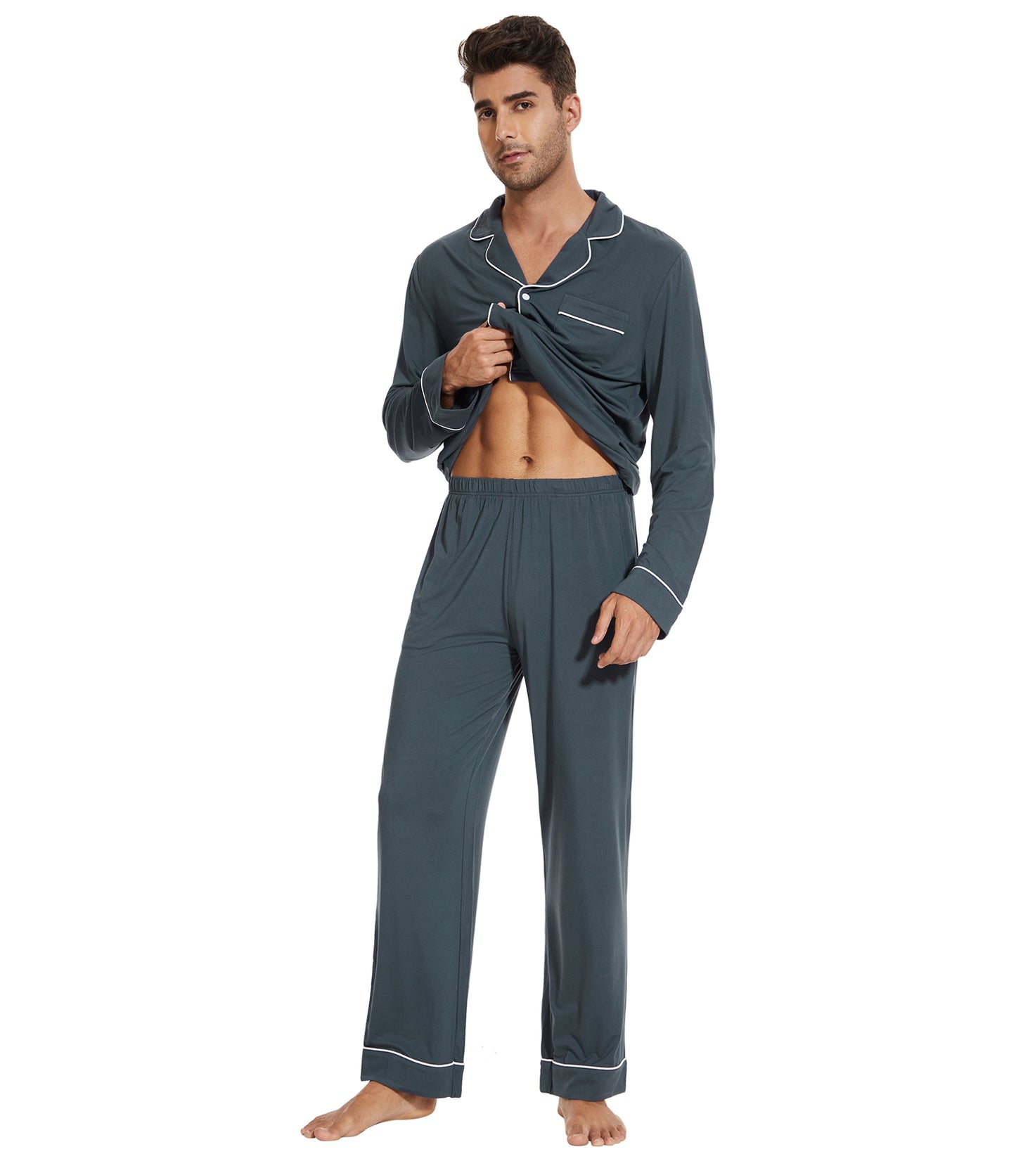 WiWi Bamboo Mens Pajamas Set Soft Button Down Cooling PJs with Pockets