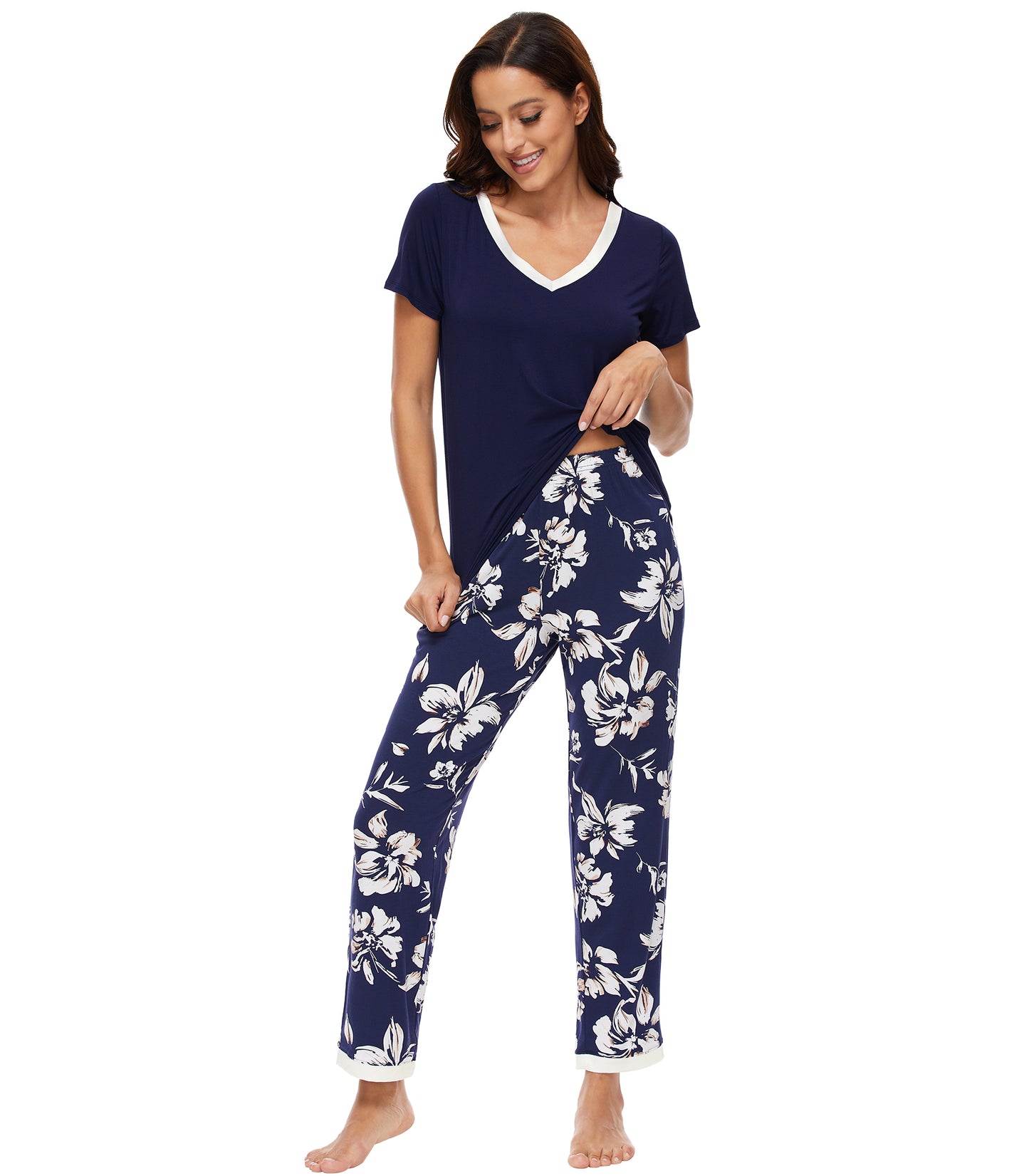 WiWi Bamboo Pajamas Set Soft Sleepwear Short Sleeve Top with Pant