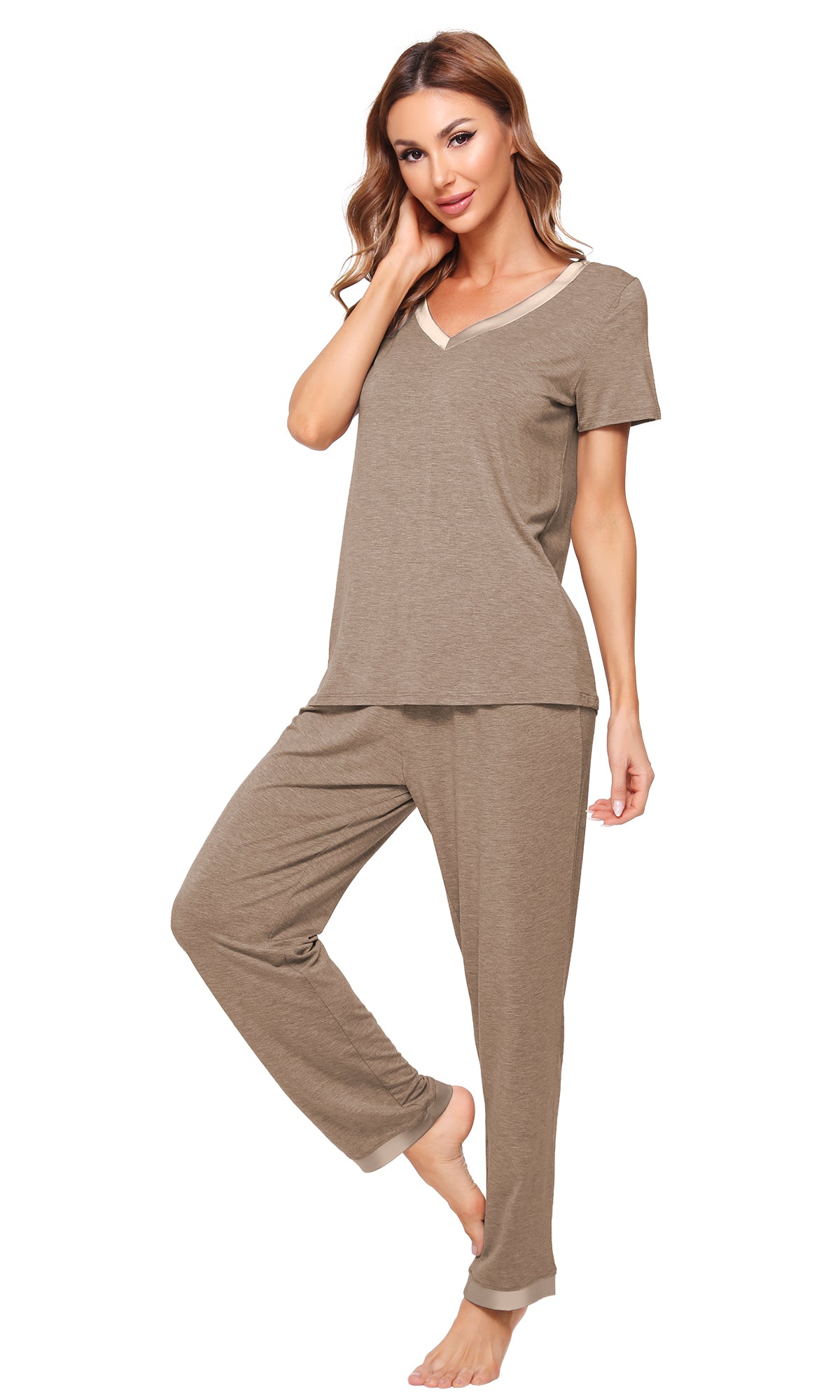 WiWi Bamboo Pajamas Set Soft Sleepwear Short Sleeve Top with Pant