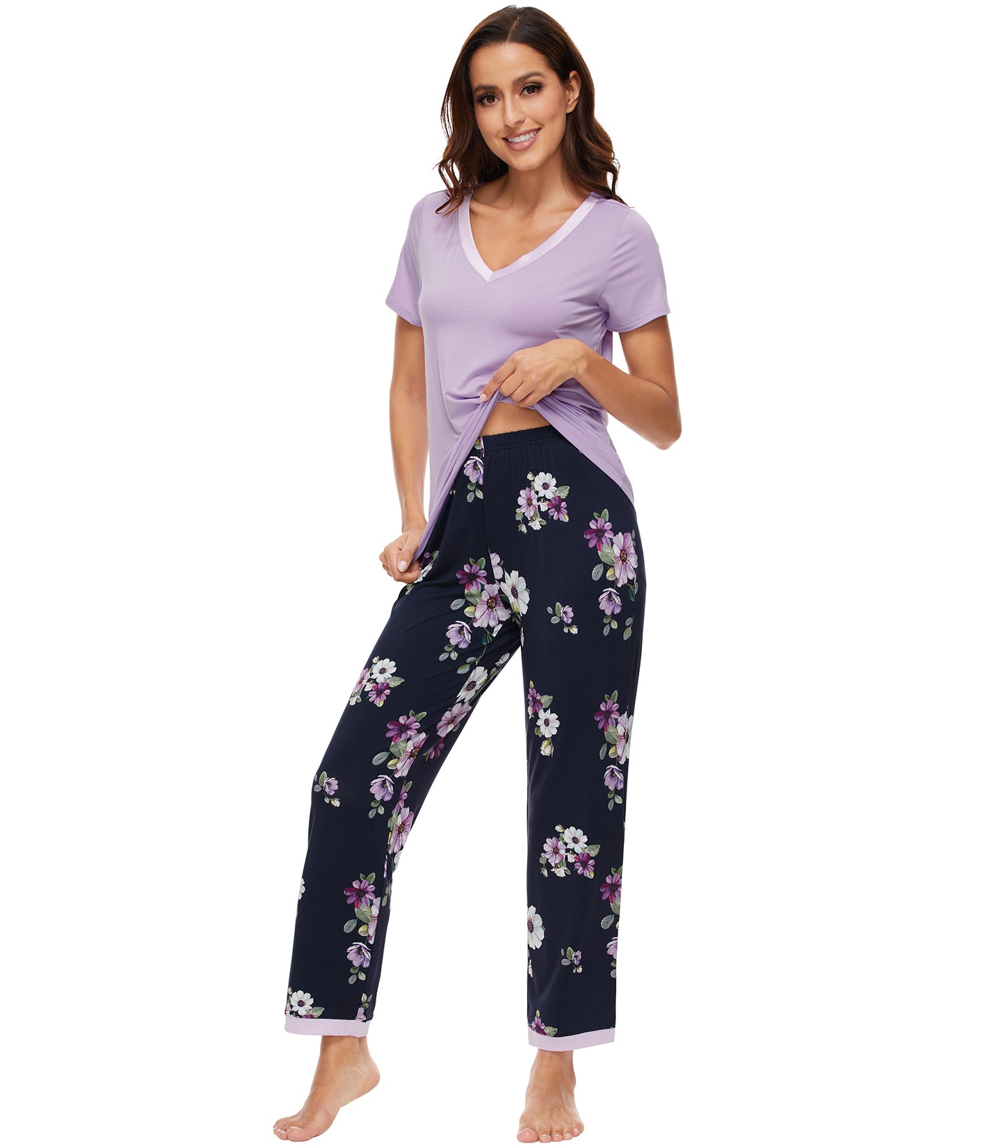 WiWi Bamboo Pajamas Set Soft Sleepwear Short Sleeve Top with Pant