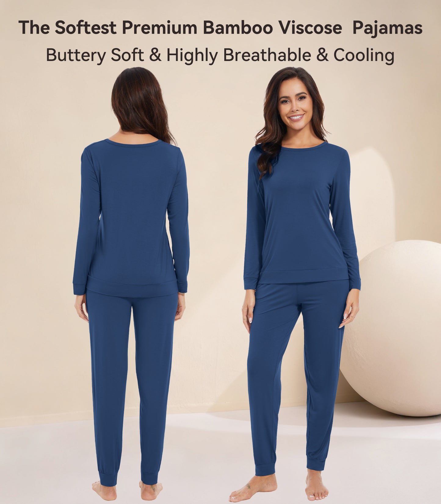WiWi Women's Bamboo Pajama Sets Long Sleeves Top with Pants Loungewear Set