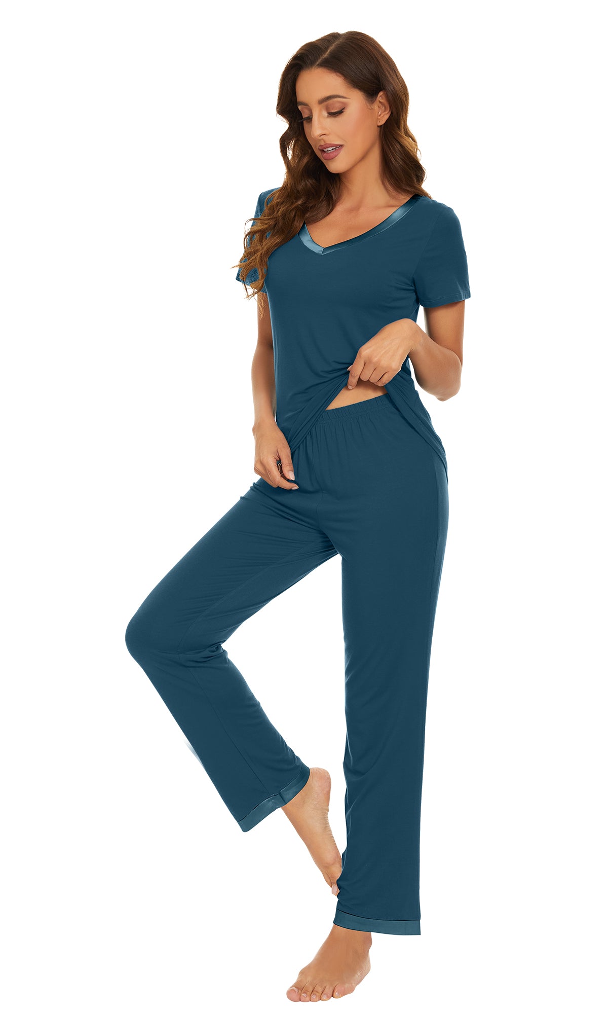 WiWi Bamboo Pajamas Set Soft Sleepwear Short Sleeve Top with Pant