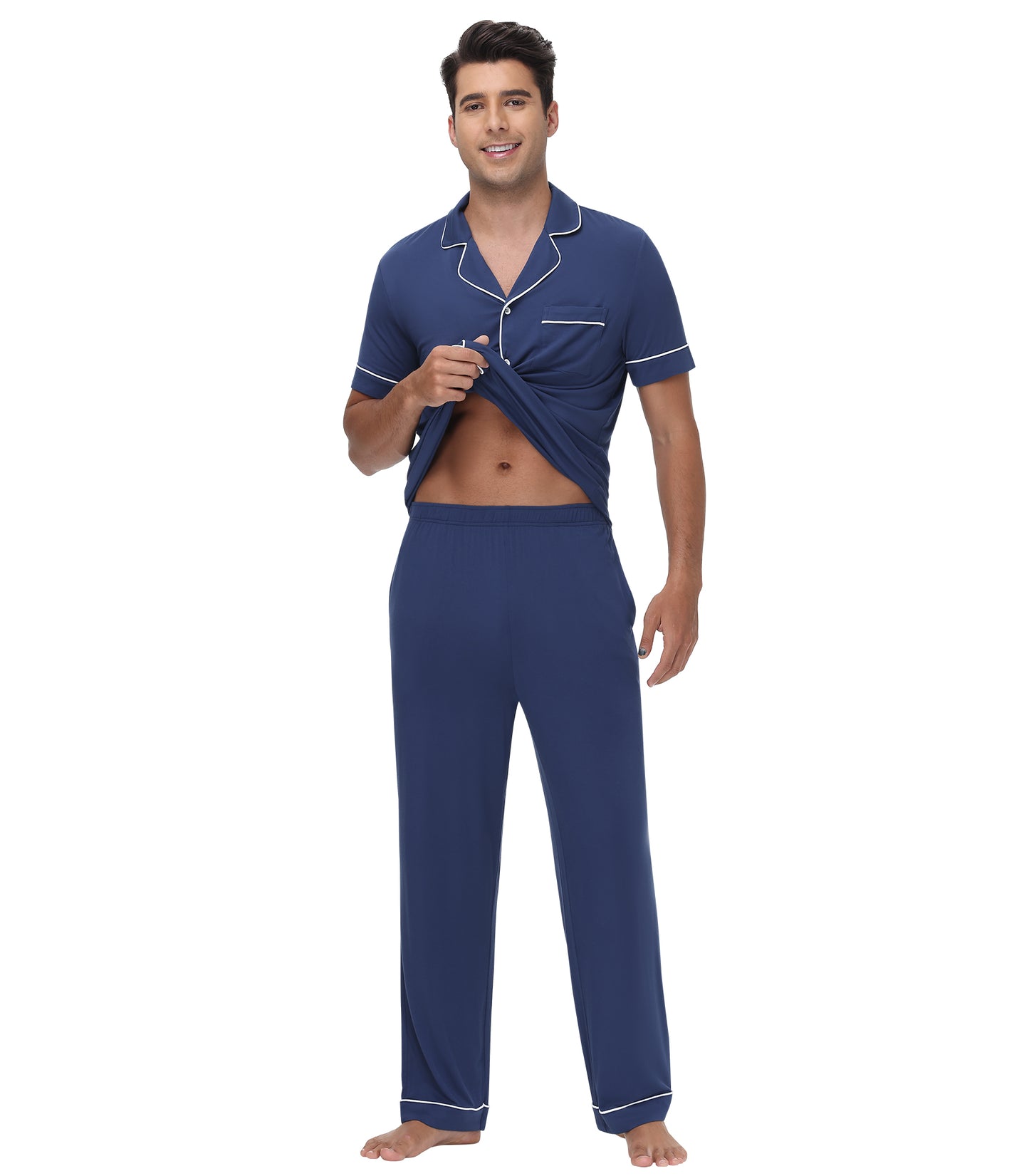 WiWi Men's Pajama Set Button Down Classic Notch Collar Loungewear