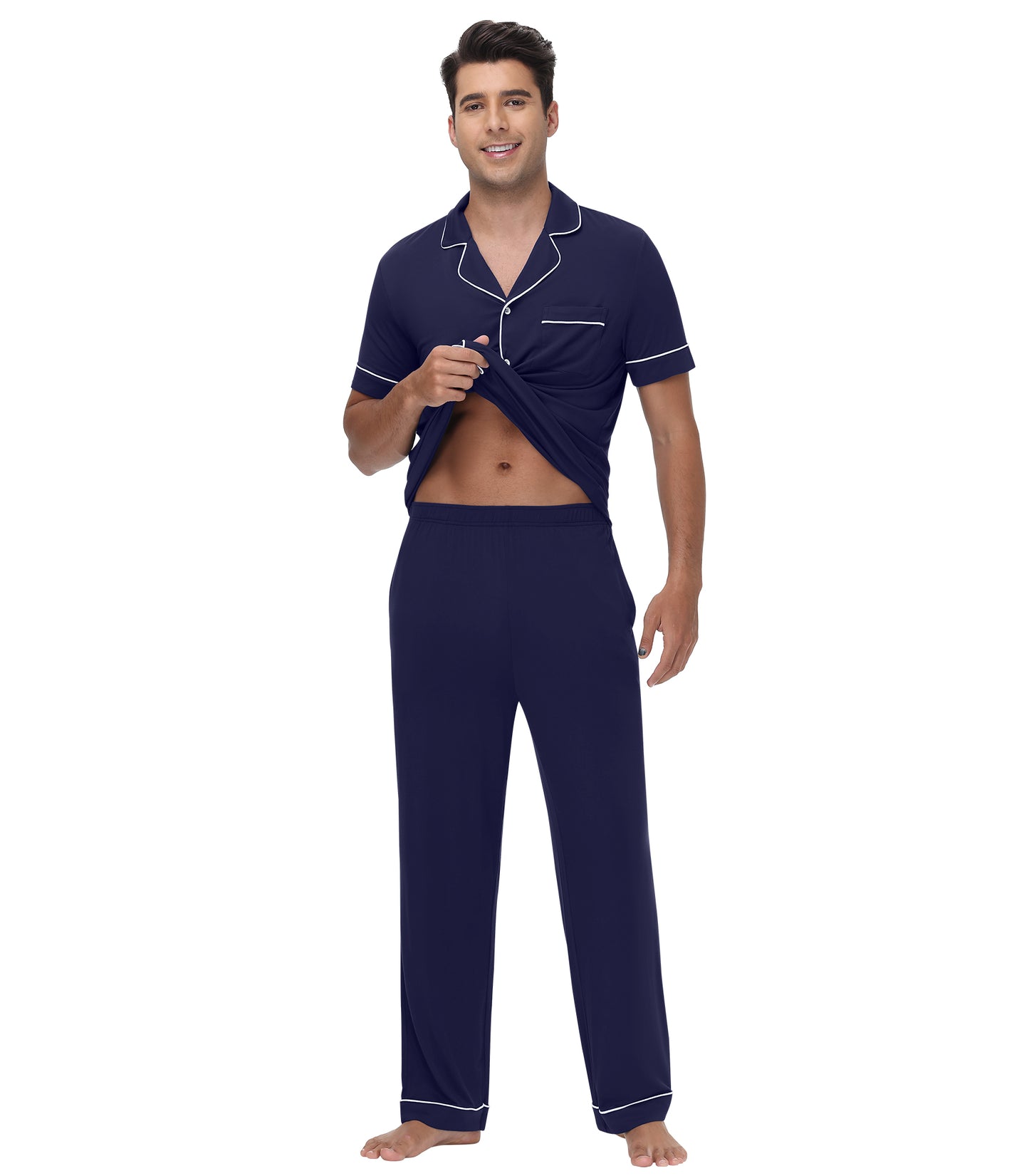 WiWi Men's Pajama Set Button Down Classic Notch Collar Loungewear