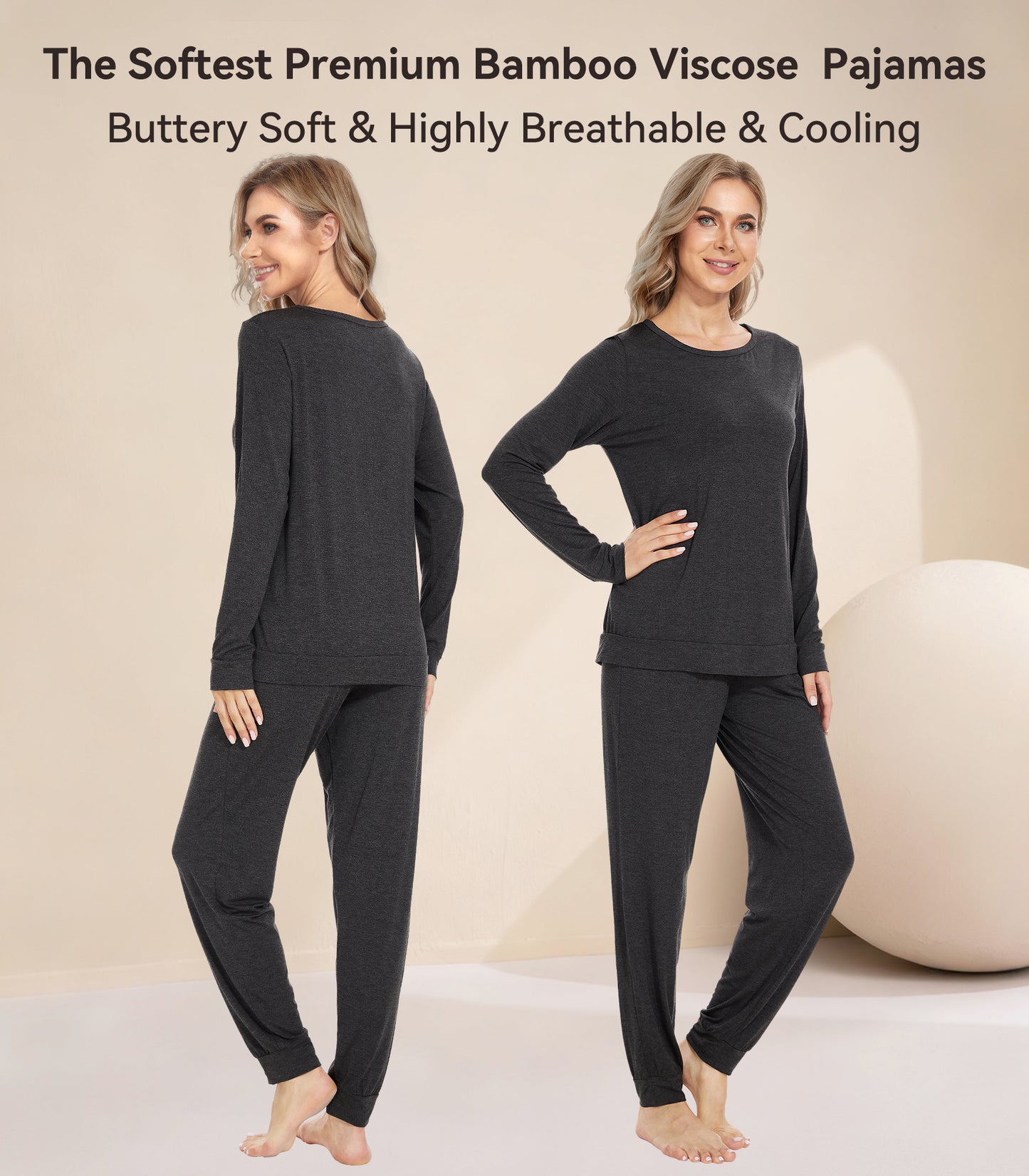 WiWi Women's Bamboo Pajama Sets Long Sleeves Top with Pants Loungewear Set