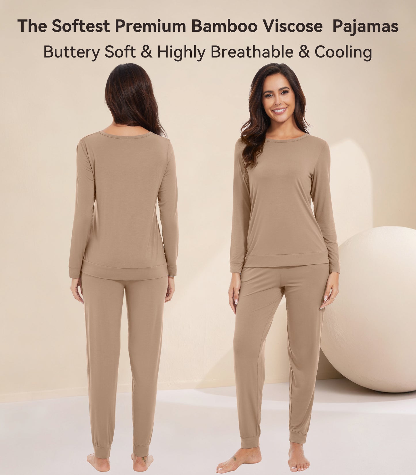 WiWi Women's Bamboo Pajama Sets Long Sleeves Top with Pants Loungewear Set