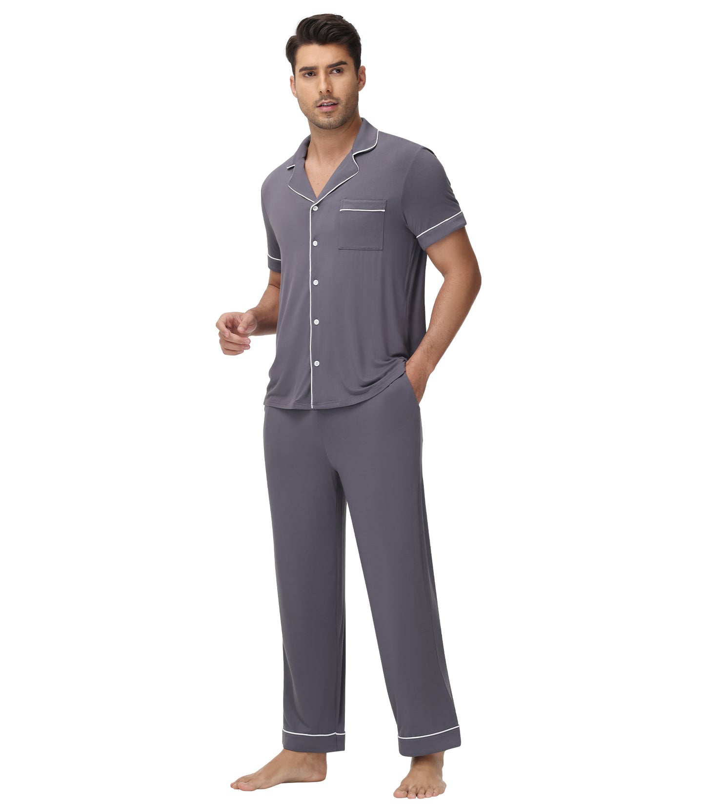 WiWi Men's Pajama Set Button Down Classic Notch Collar Loungewear