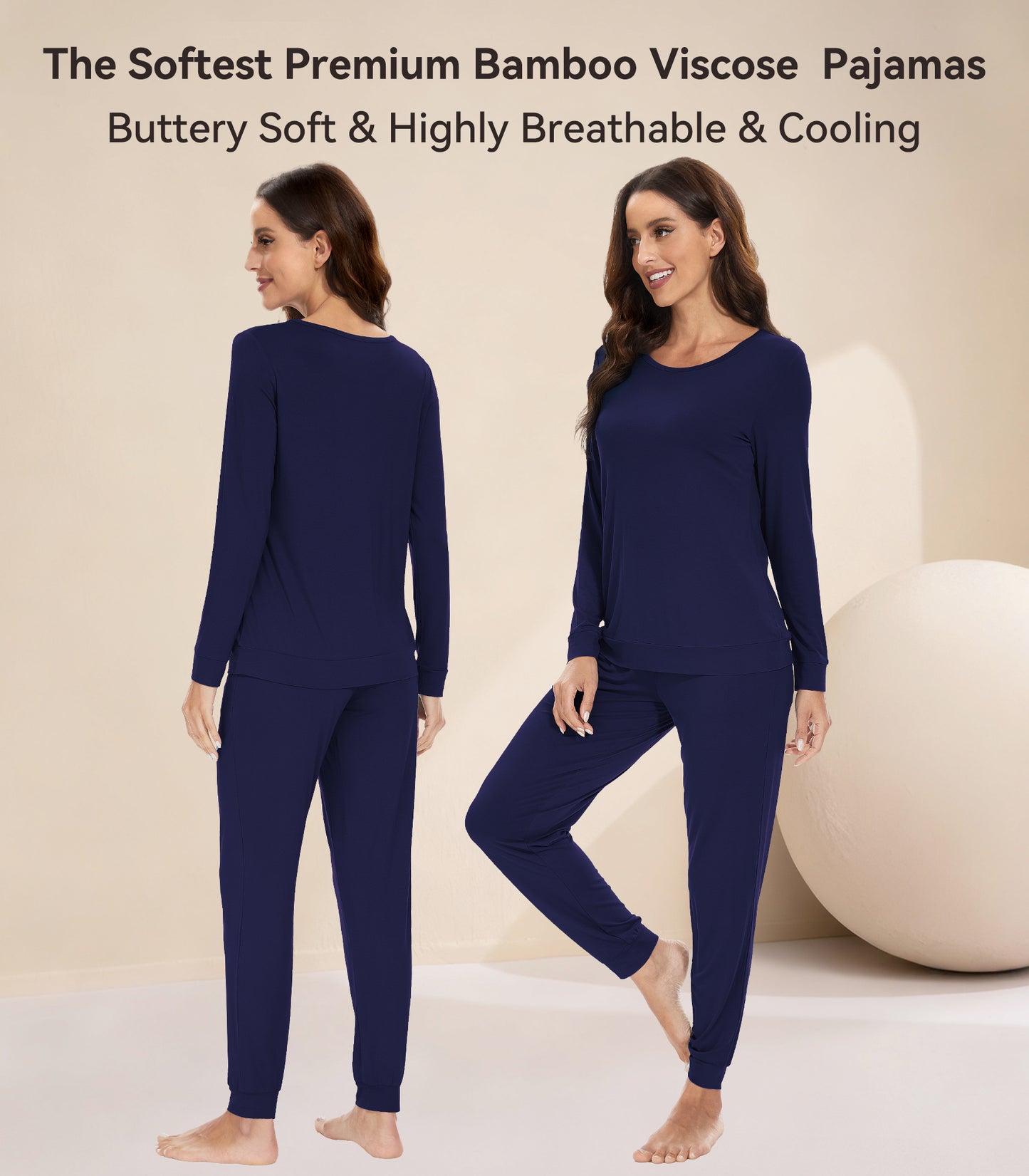 WiWi Women's Bamboo Pajama Sets Long Sleeves Top with Pants Loungewear Set