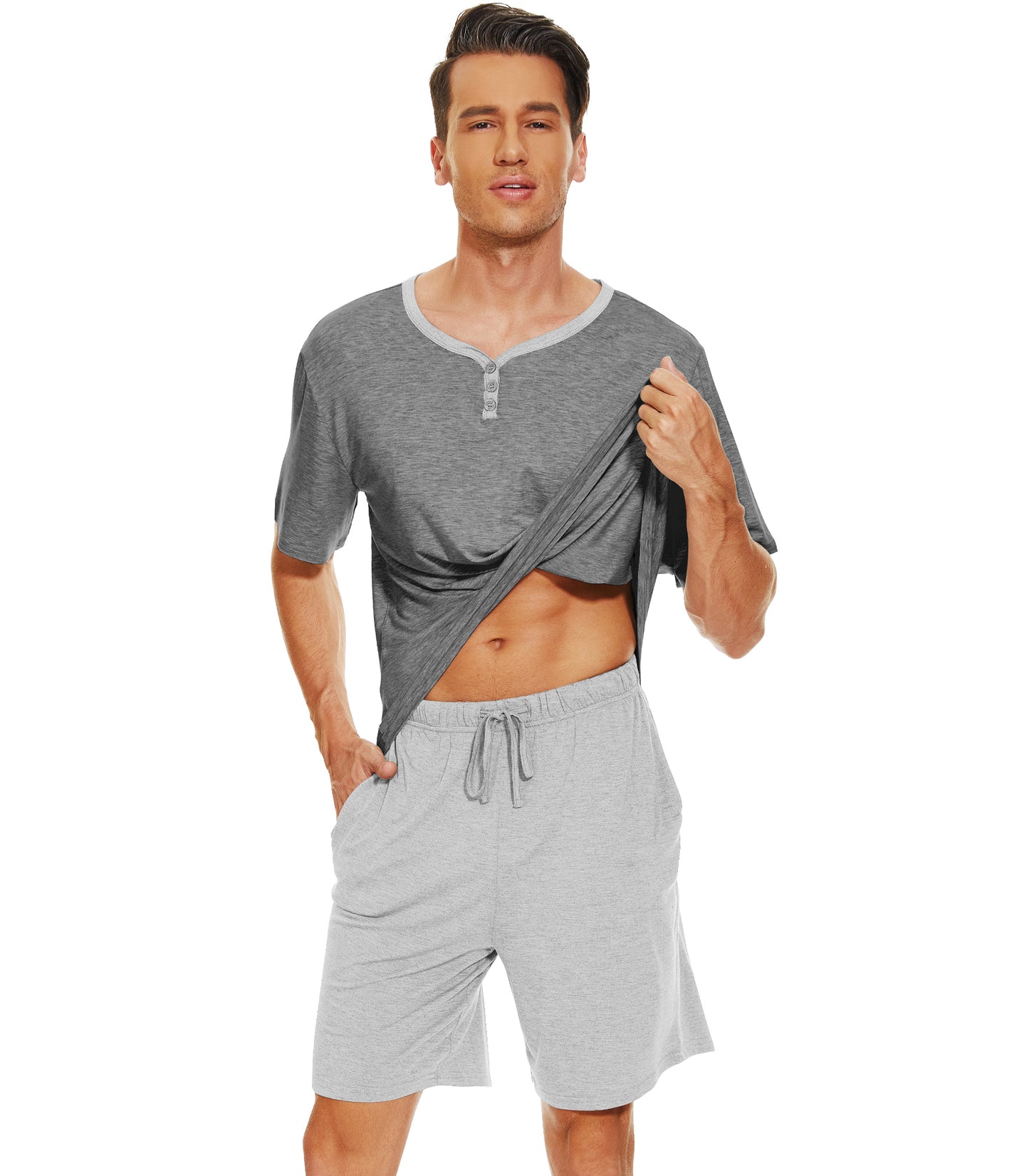 WiWi Men's Bamboo Pajama Sets Short Sleeve Tops and Shorts