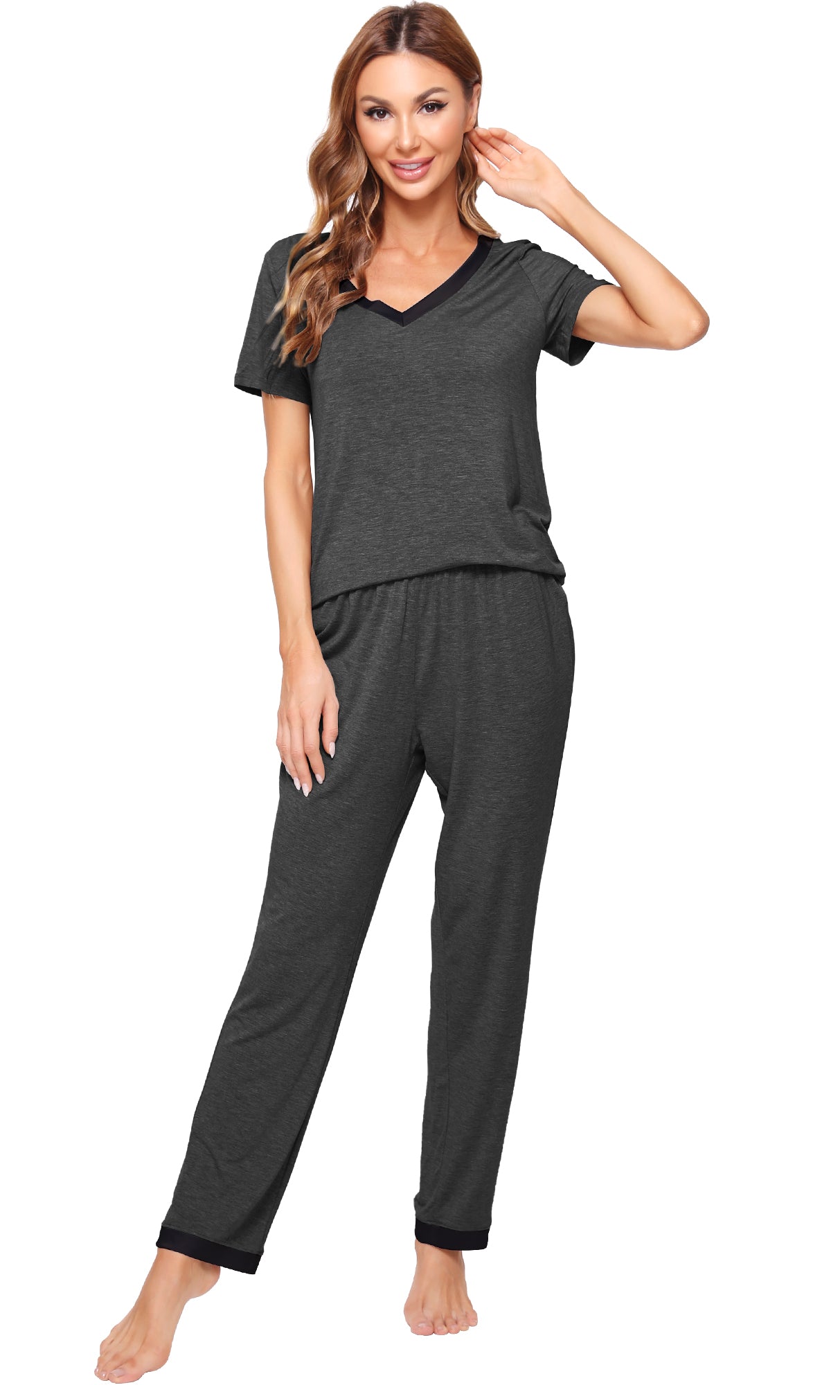 WiWi Bamboo Pajamas Set Soft Sleepwear Short Sleeve Top with Pant