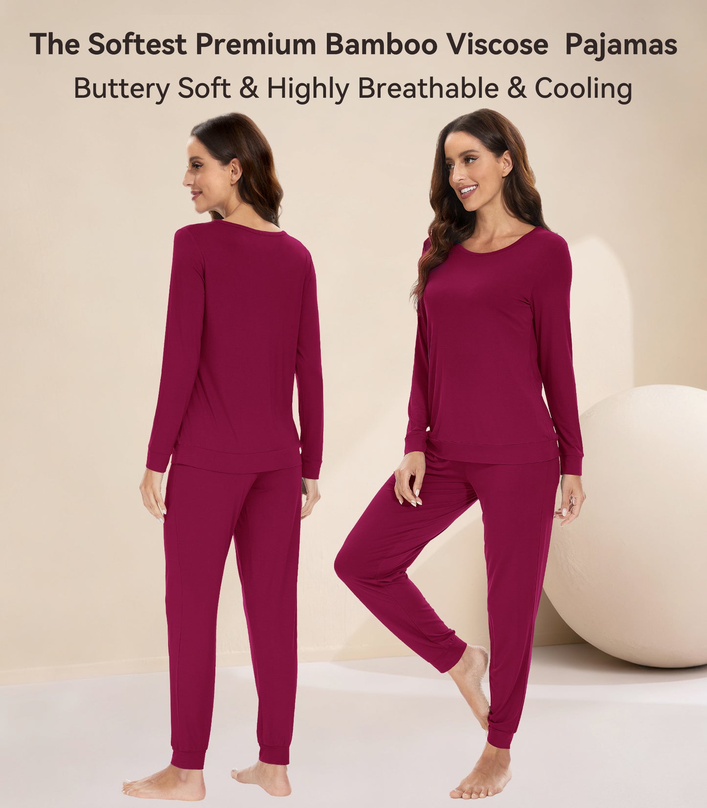 WiWi Women's Bamboo Pajama Sets Long Sleeves Top with Pants Loungewear Set