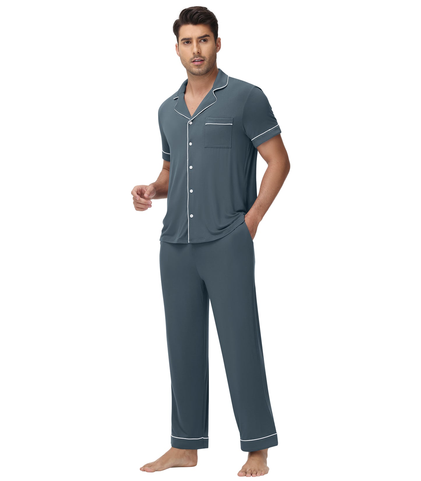 WiWi Men's Pajama Set Button Down Classic Notch Collar Loungewear