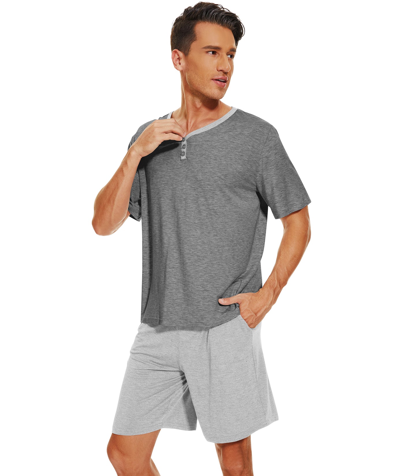 WiWi Men's Bamboo Pajama Sets Short Sleeve Tops and Shorts