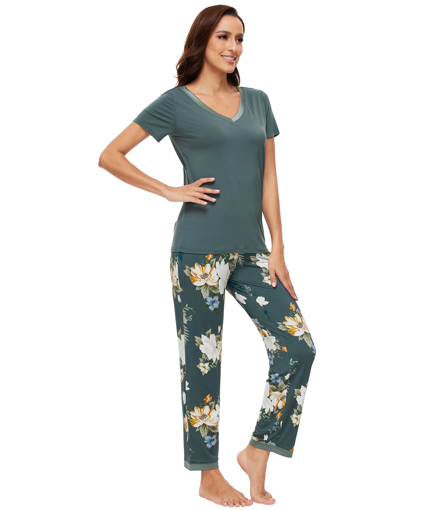 WiWi Bamboo Pajamas Set Soft Sleepwear Short Sleeve Top with Pant