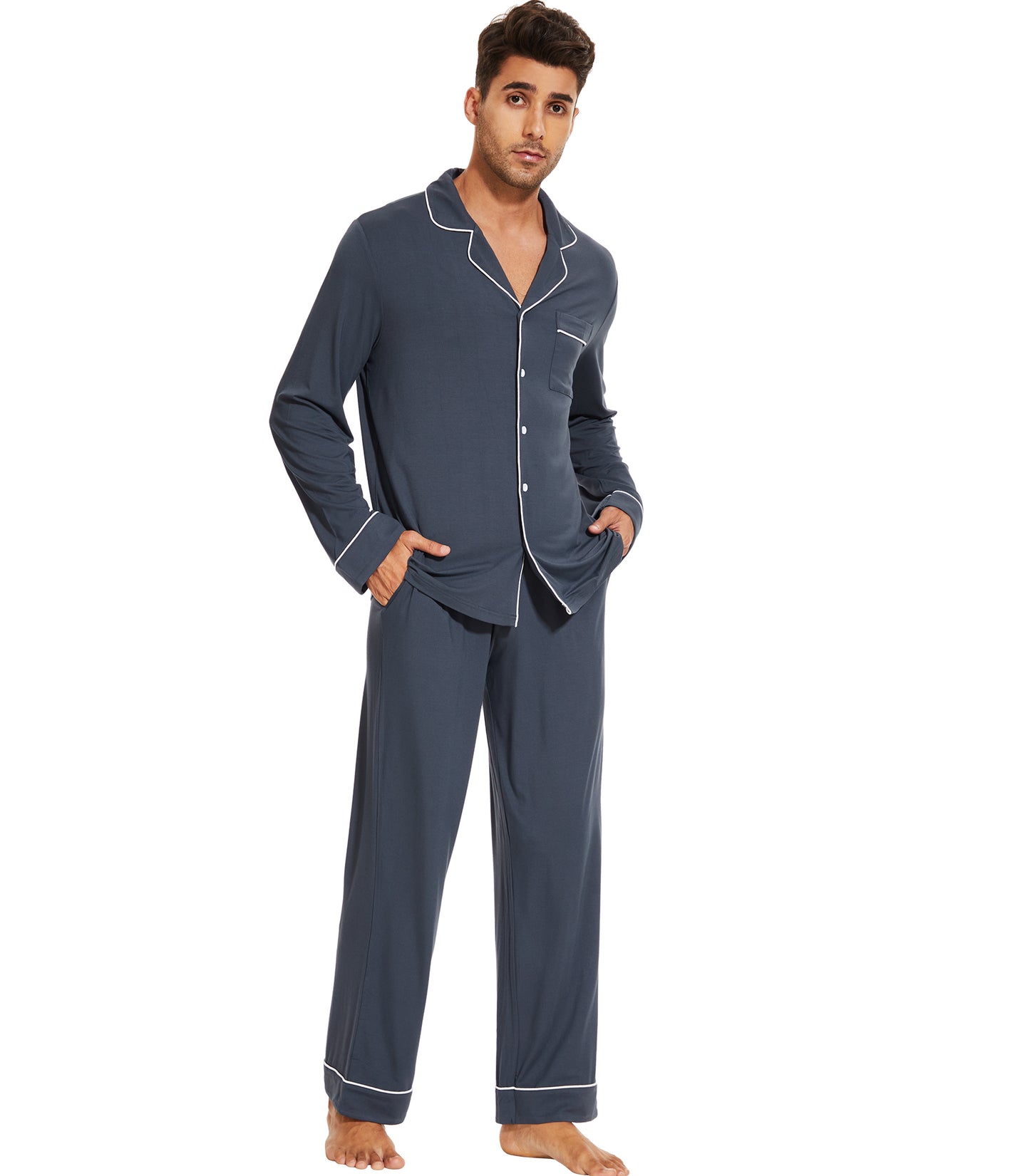 WiWi Bamboo Mens Pajamas Set Soft Button Down Cooling PJs with Pockets