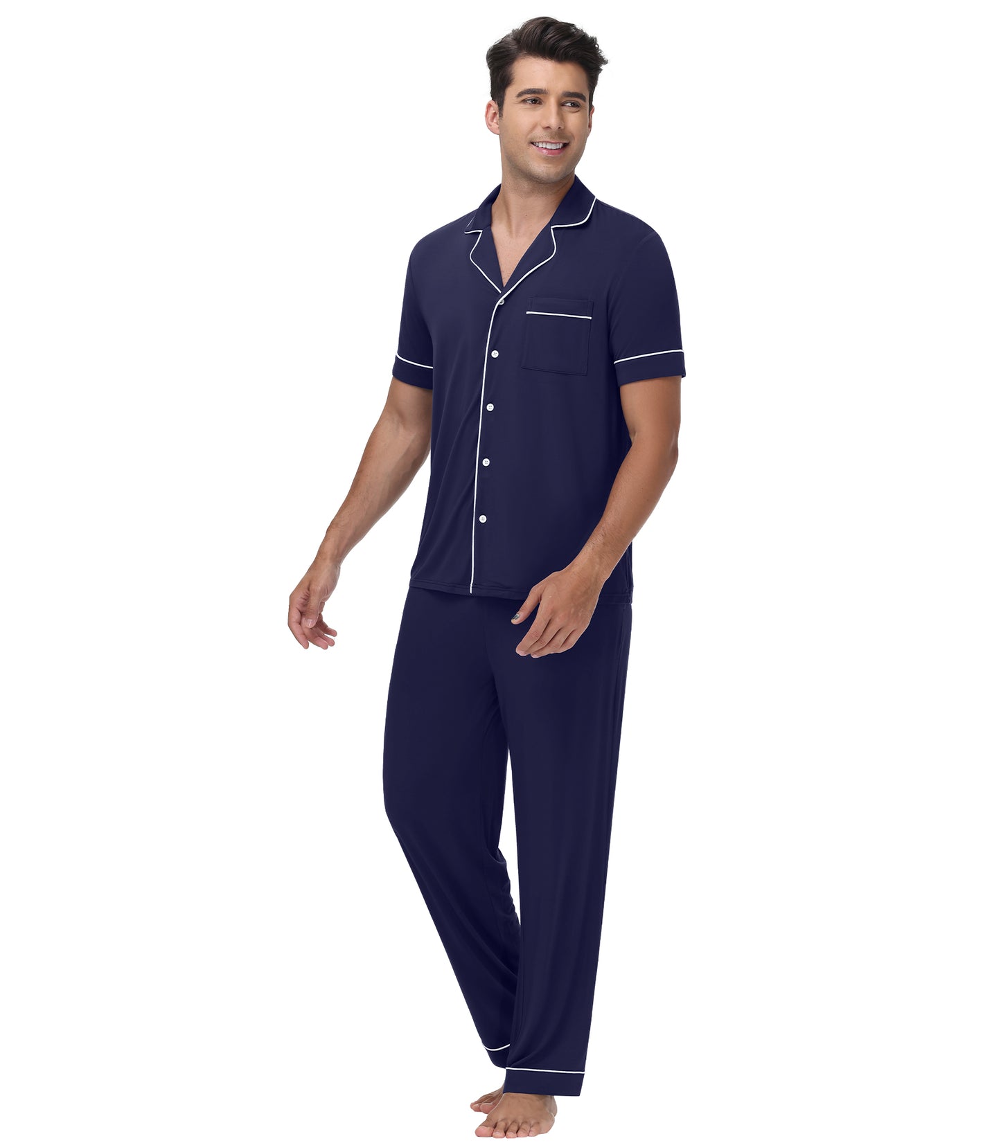 WiWi Men's Pajama Set Button Down Classic Notch Collar Loungewear