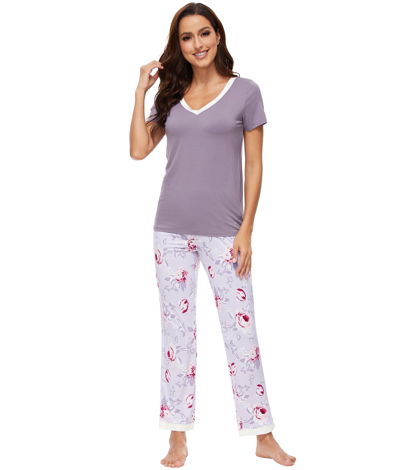 WiWi Bamboo Pajamas Set Soft Sleepwear Short Sleeve Top with Pant