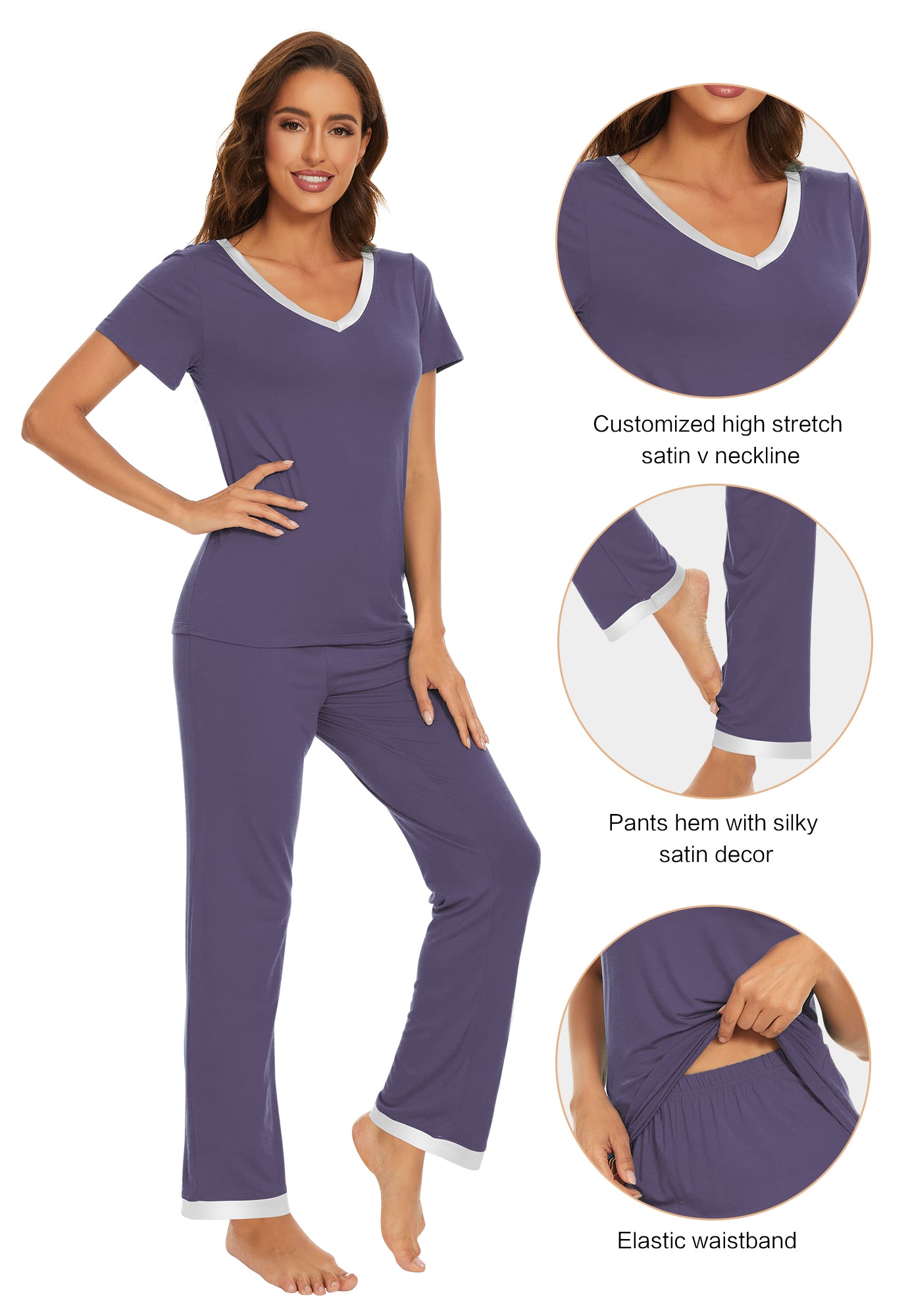 WiWi Bamboo Pajamas Set Soft Sleepwear Short Sleeve Top with Pant