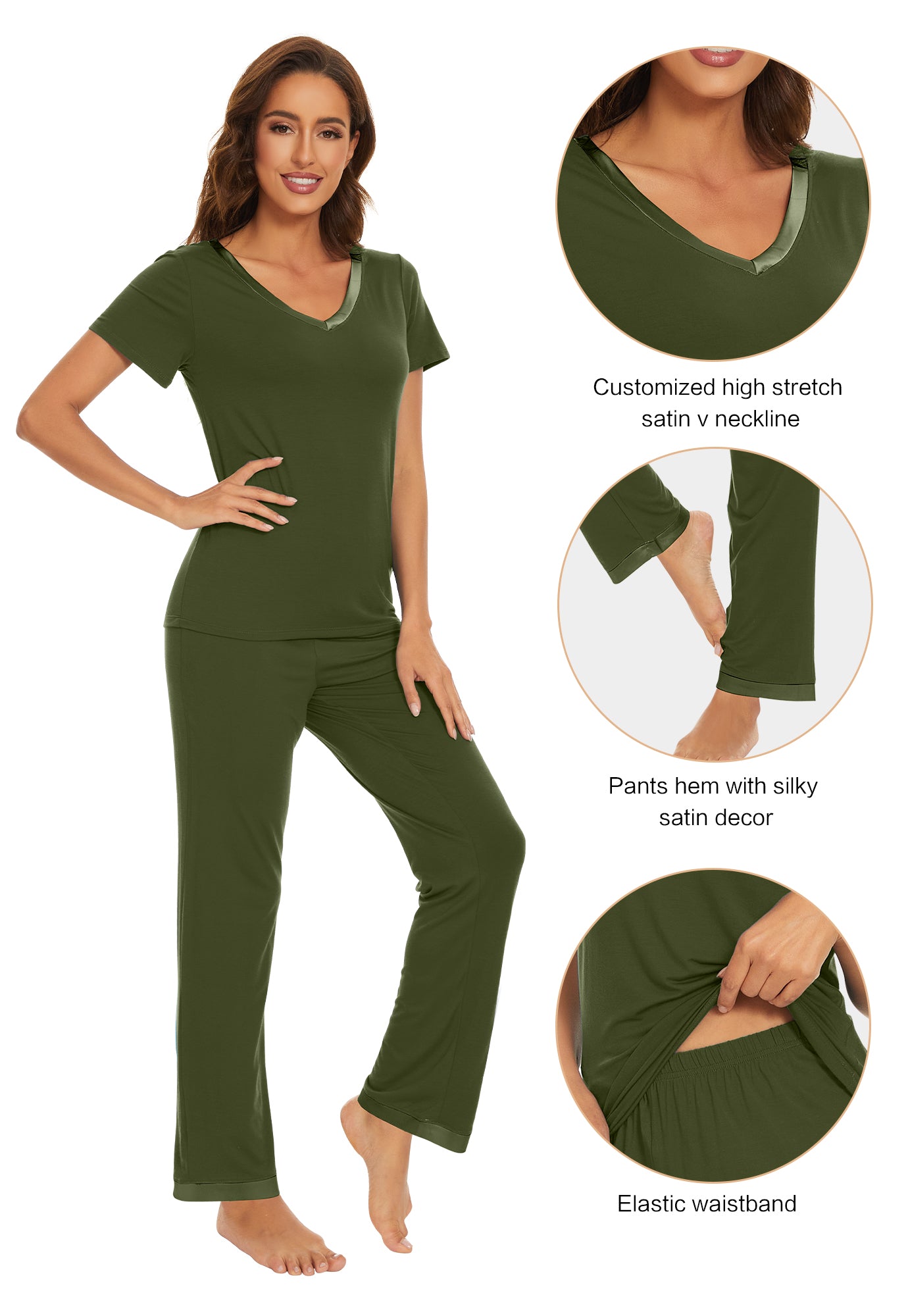 WiWi Bamboo Pajamas Set Soft Sleepwear Short Sleeve Top with Pant