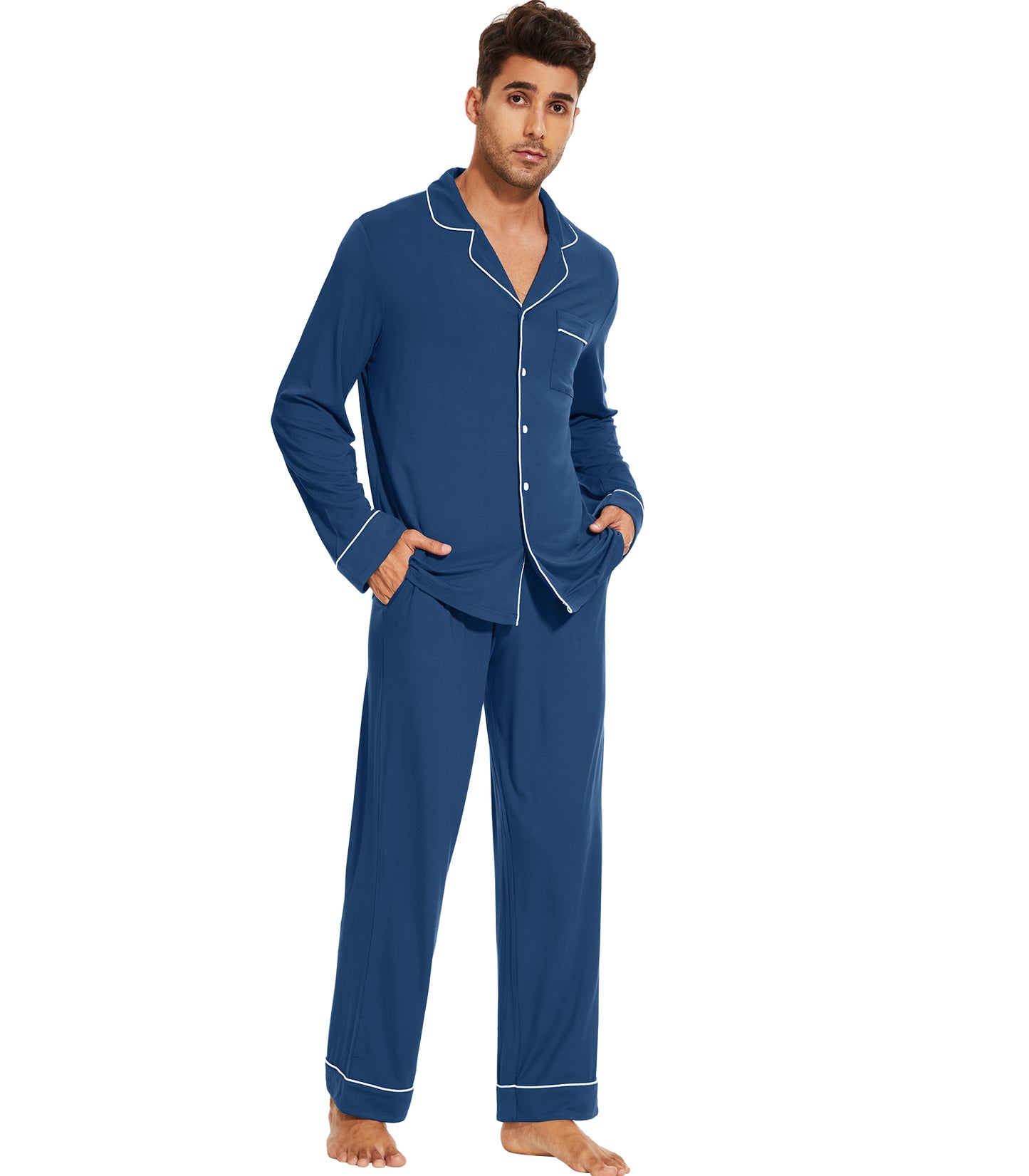 WiWi Bamboo Mens Pajamas Set Soft Button Down Cooling PJs with Pockets