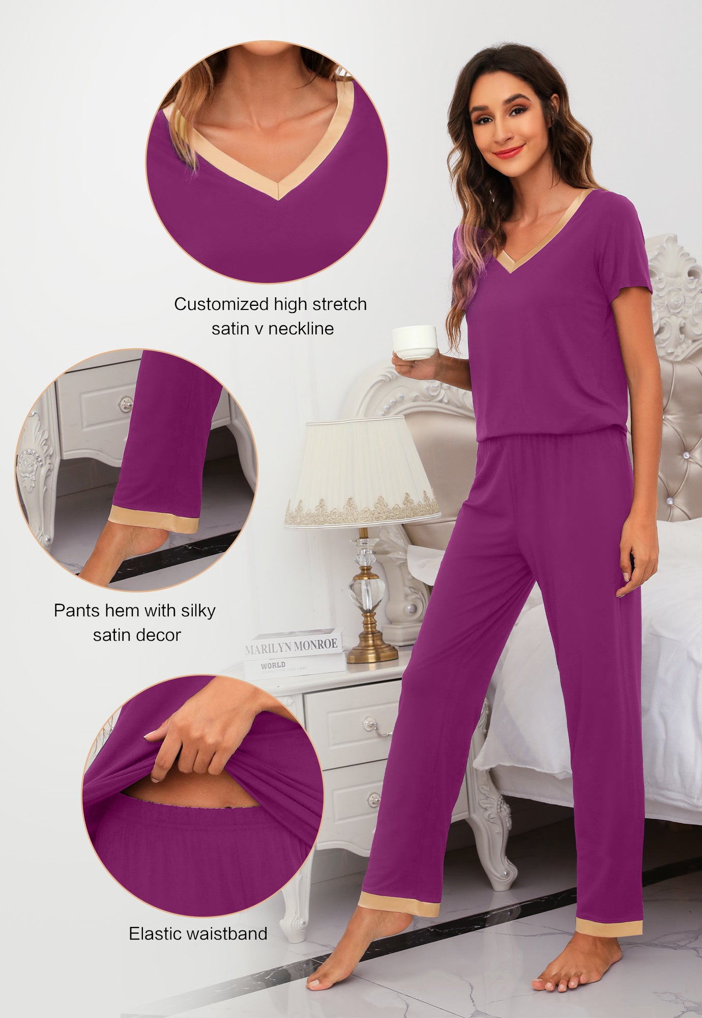 WiWi Bamboo Pajamas Set Soft Sleepwear Short Sleeve Top with Pant