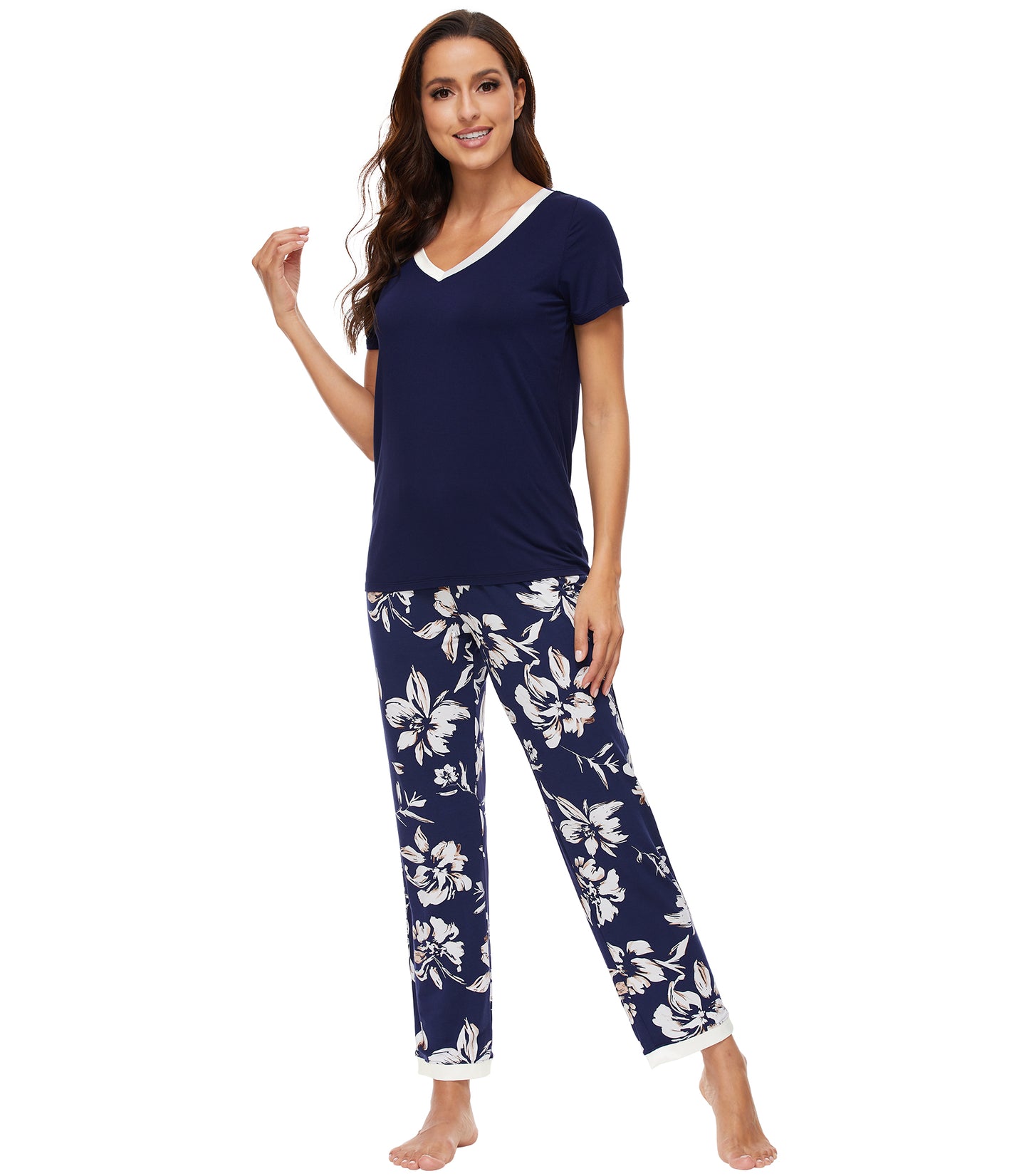WiWi Bamboo Pajamas Set Soft Sleepwear Short Sleeve Top with Pant