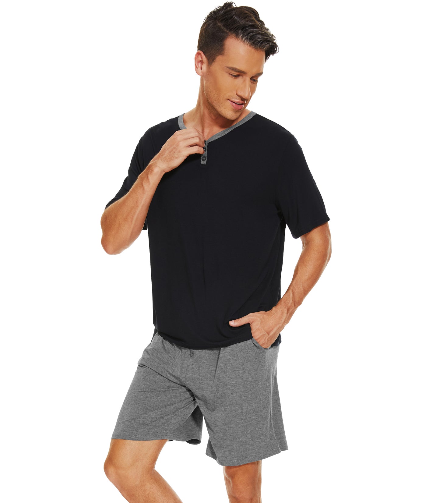 WiWi Men's Bamboo Pajama Sets Short Sleeve Tops and Shorts