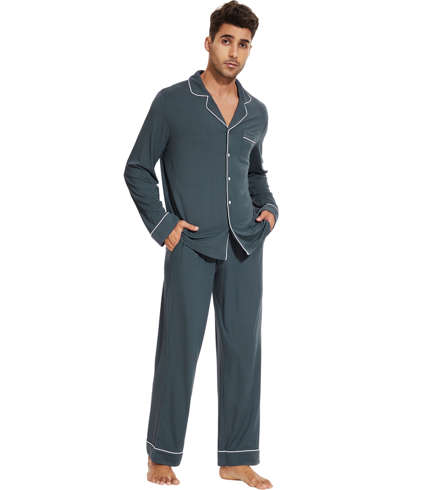 WiWi Bamboo Mens Pajamas Set Soft Button Down Cooling PJs with Pockets