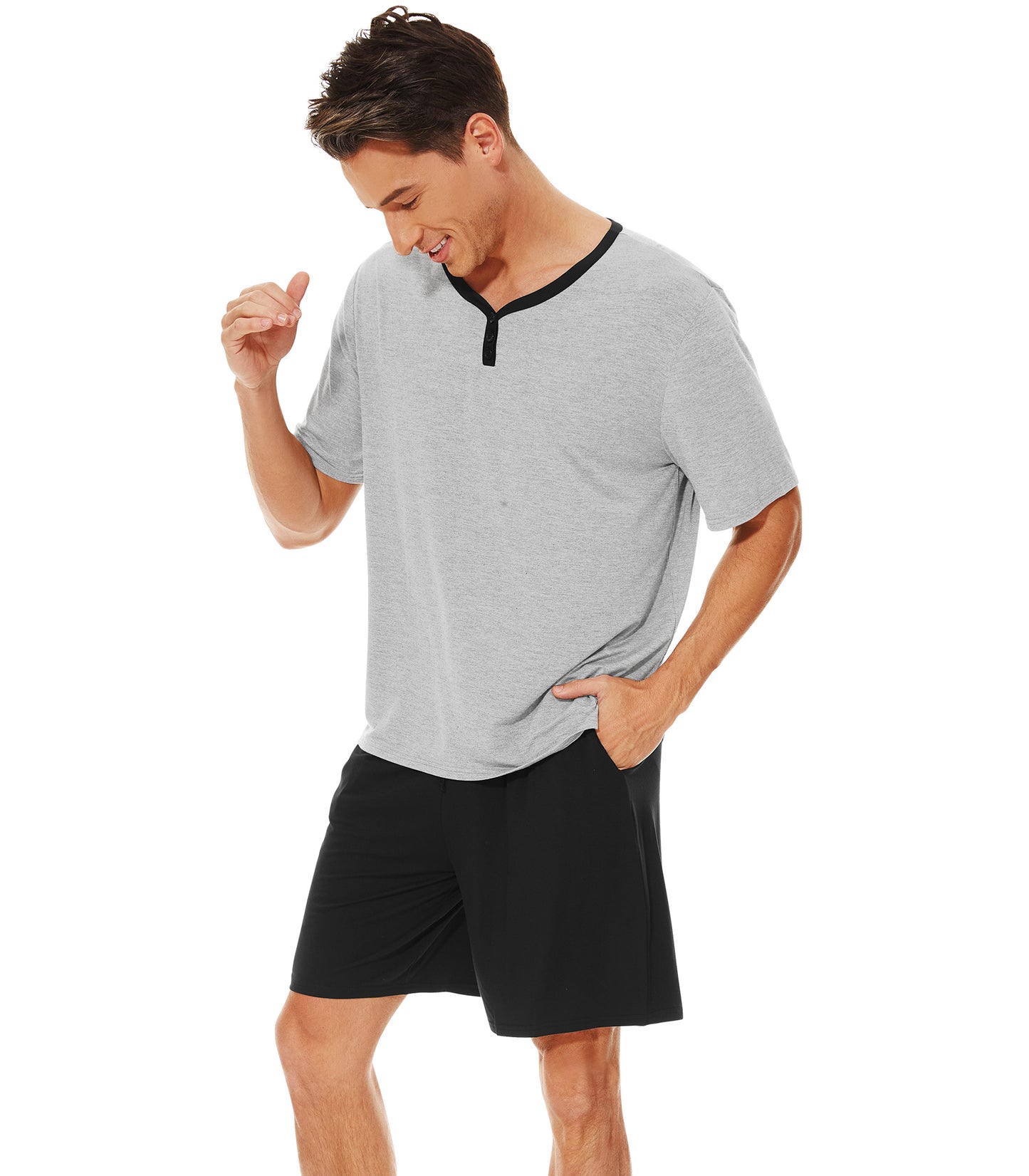 WiWi Men's Bamboo Pajama Sets Short Sleeve Tops and Shorts