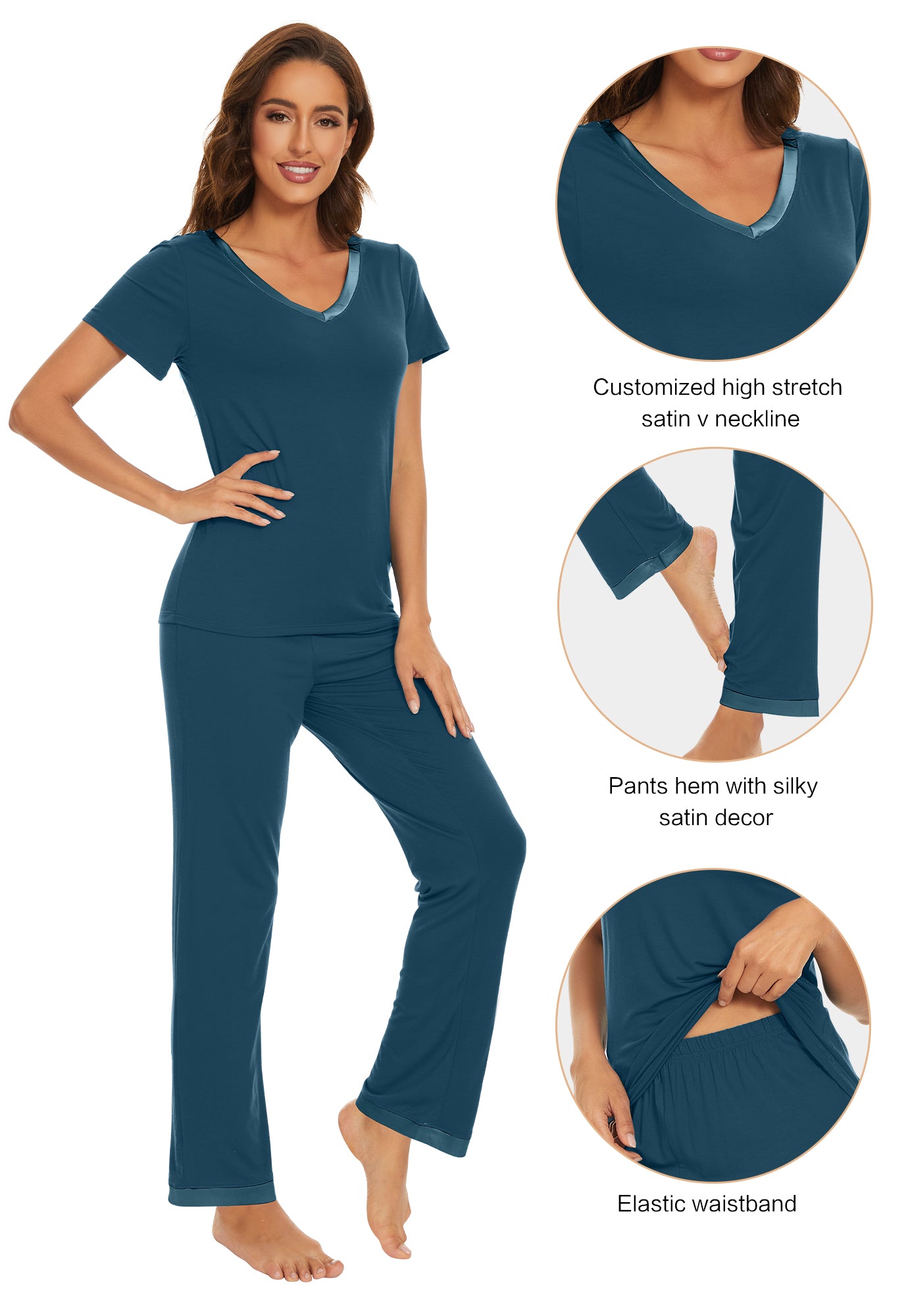 WiWi Bamboo Pajamas Set Soft Sleepwear Short Sleeve Top with Pant