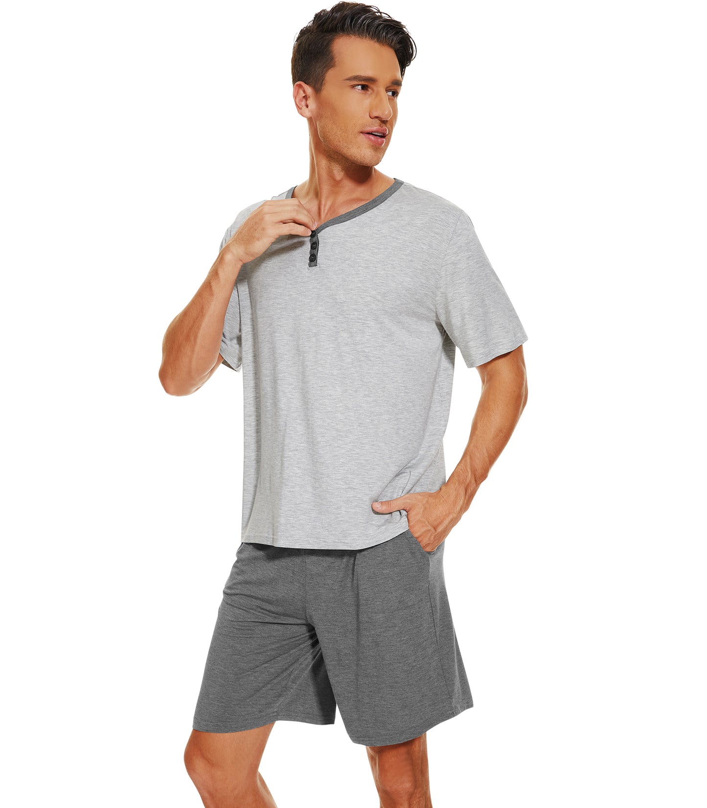 WiWi Men's Bamboo Pajama Sets Short Sleeve Tops and Shorts