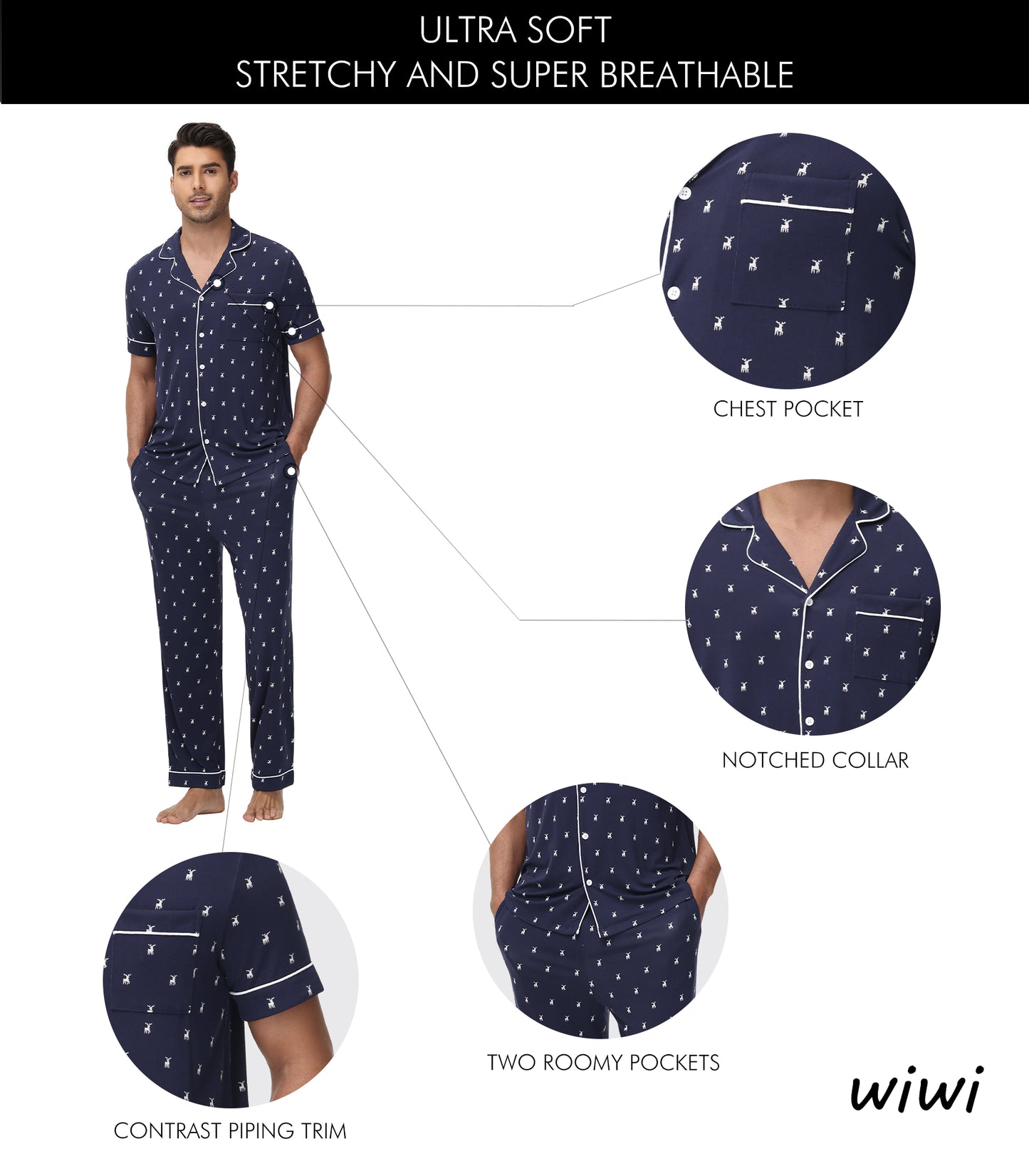 WiWi Men's Pajama Set Button Down Classic Notch Collar Loungewear
