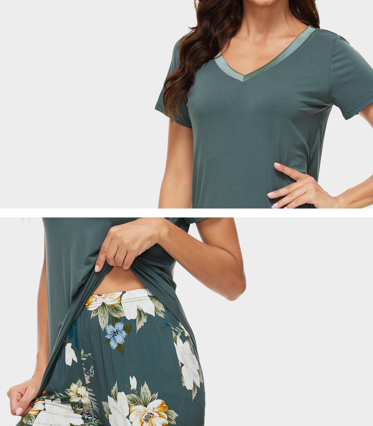 WiWi Bamboo Pajamas Set Soft Sleepwear Short Sleeve Top with Pant